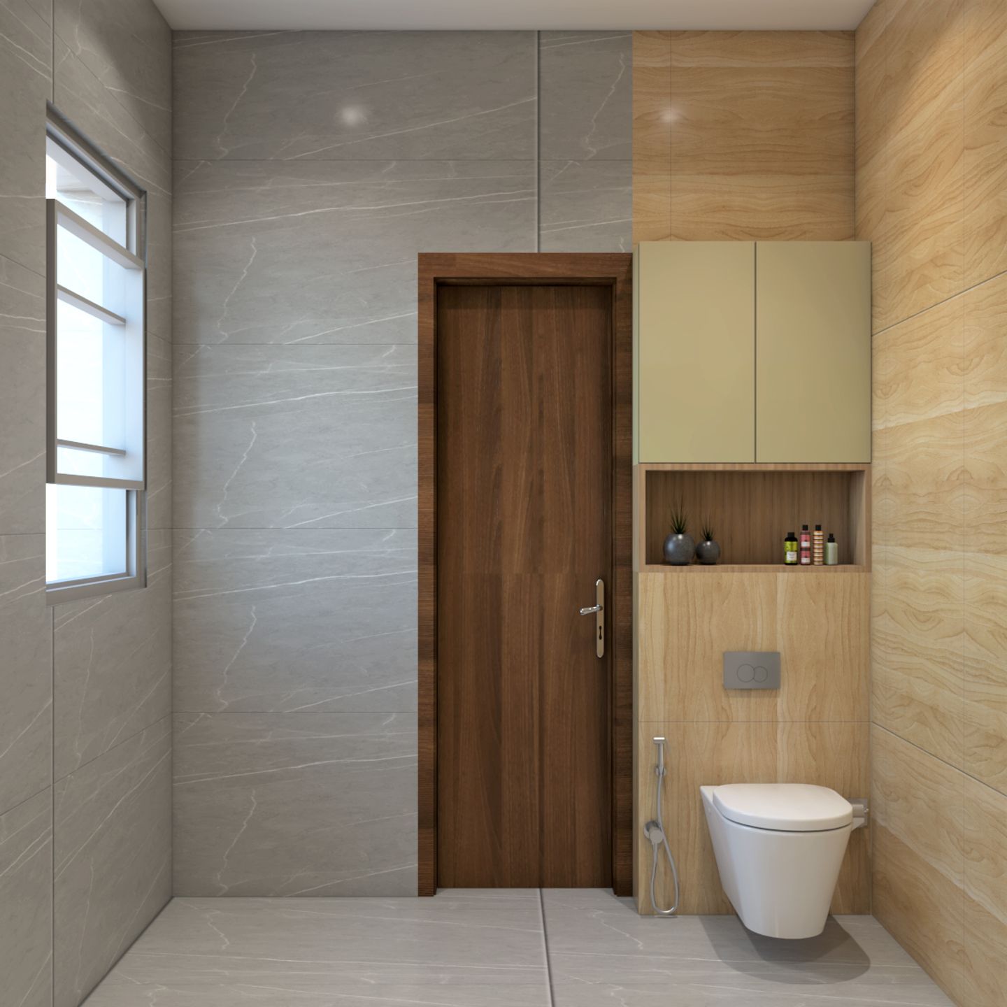 Grey And Wood Bathroom Design With Pendant Lights | Livspace