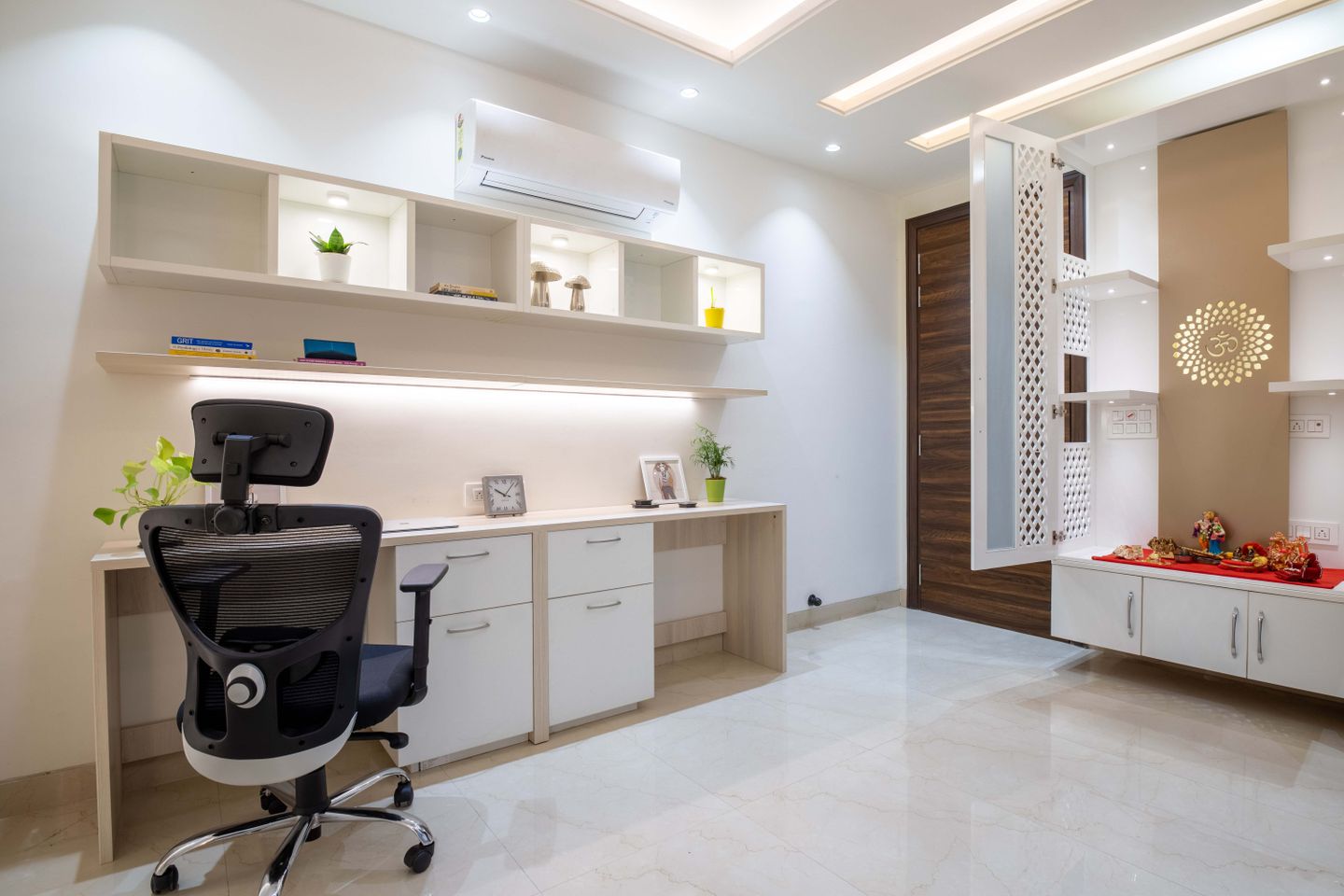 White And Wood Home Office Design With Overhead Storage | Livspace