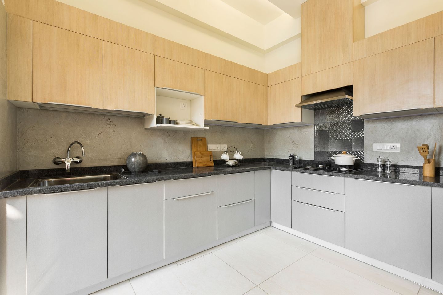 3-BHK Flat In Noida With Grey And Wood L Shaped Modular Kitchen - Livspace