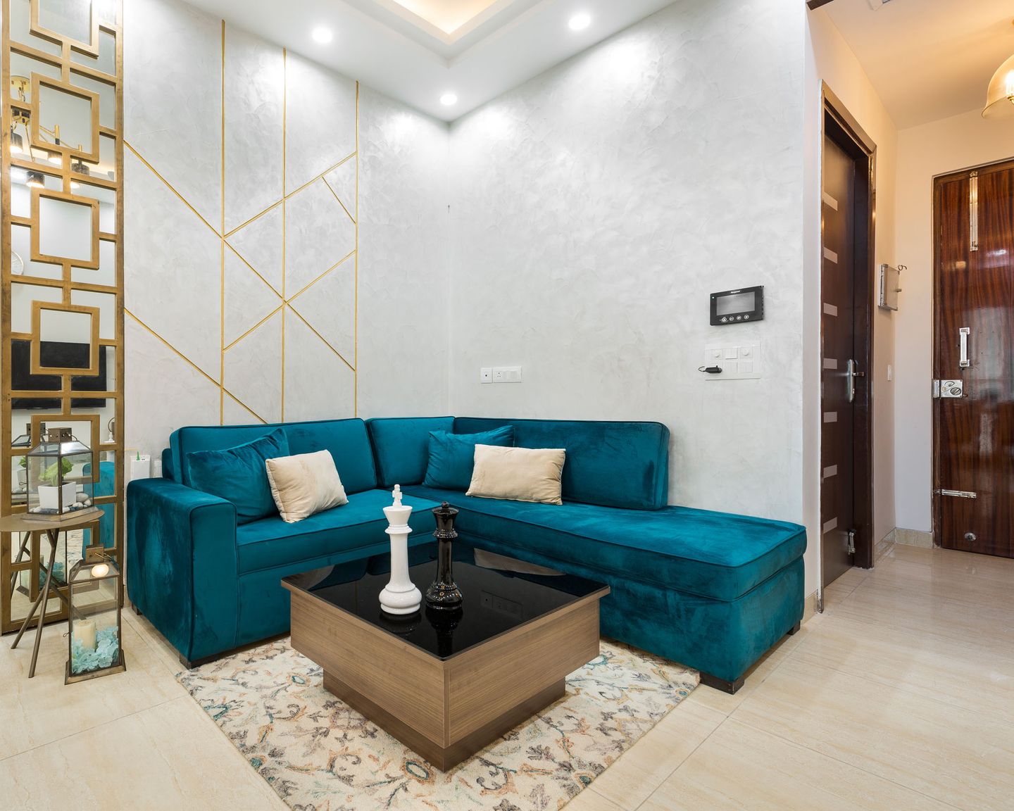 3-BHK In Noida With Teal Blue Sectional Sofa - Livspace