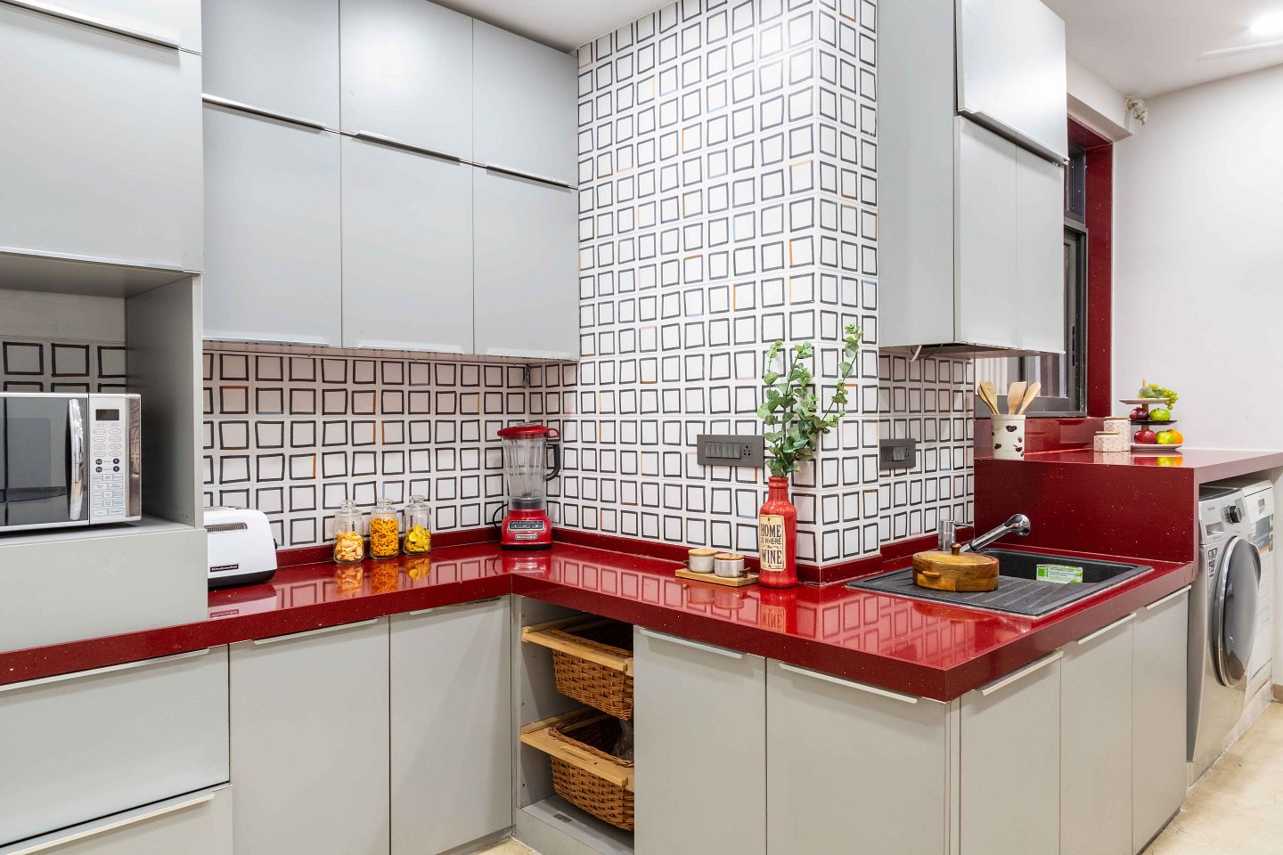 3BHK Flat In Mumbai With Red And White Modular Kitchen Livspace
