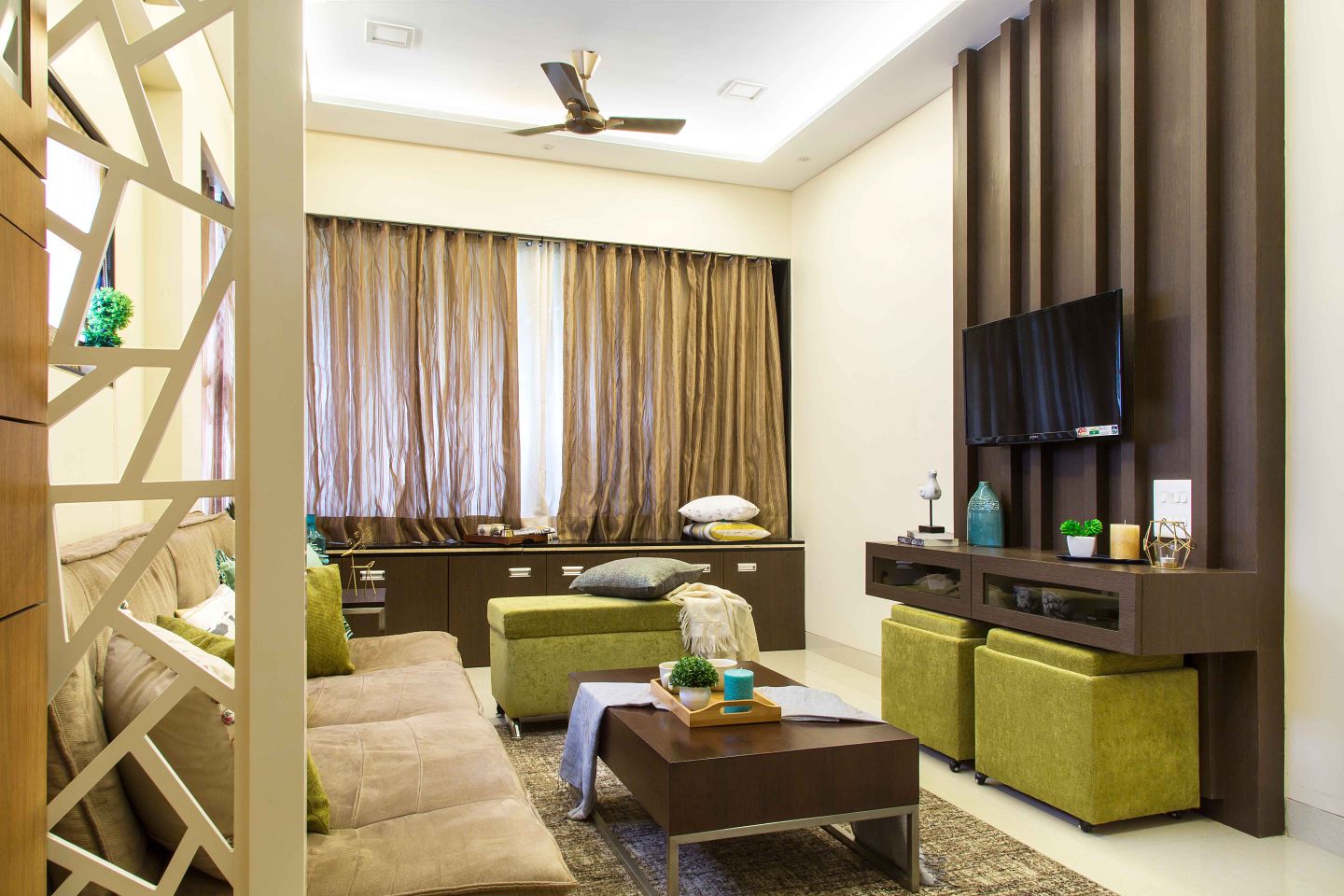 2-BHK Flat In Mumbai With Beige And Green Living Room - Livspace
