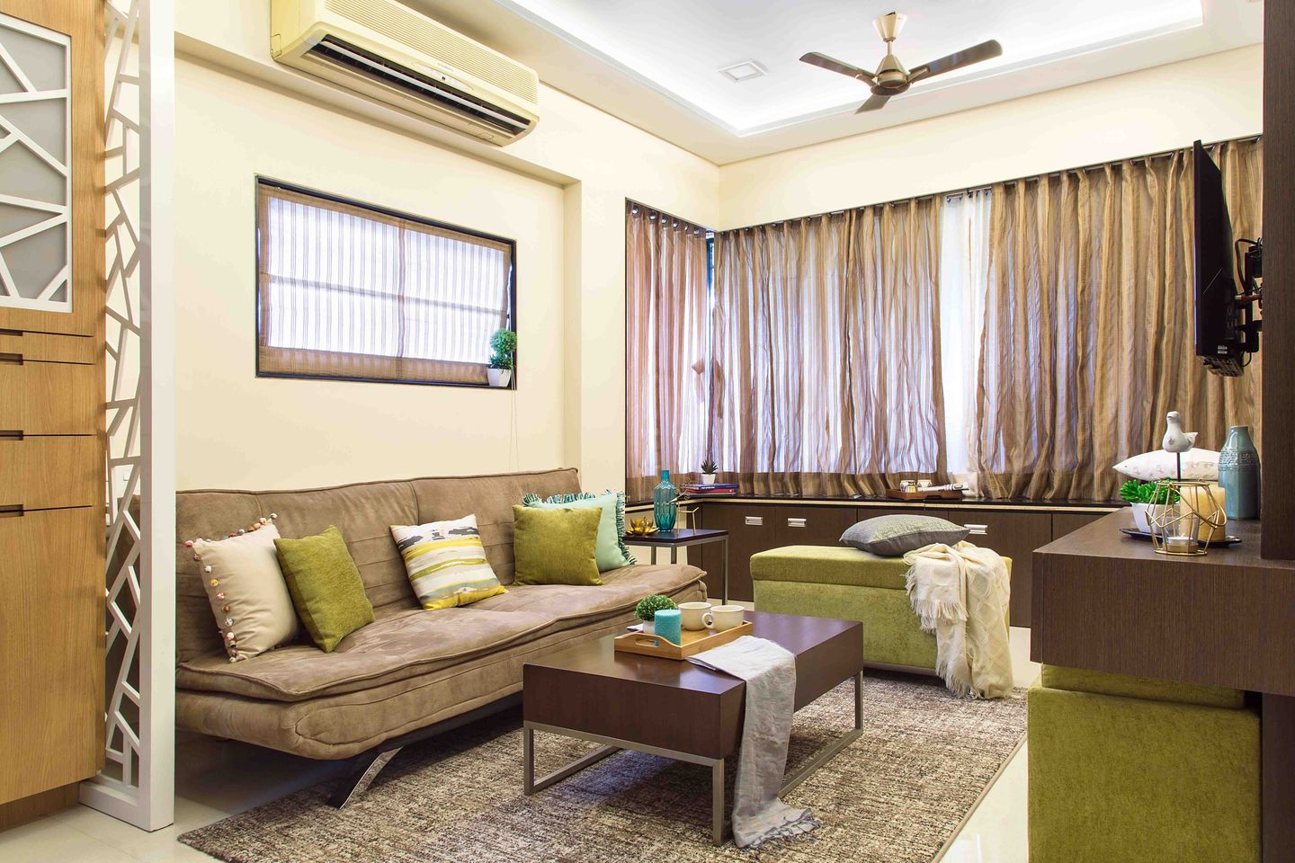 Contemporary 2-BHK Flat In Mumbai With Beige And Green Living Room