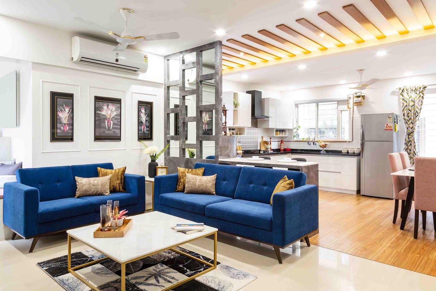 3-BHK Flat Design In Pune With Spacious Living Room Design And Blue ...