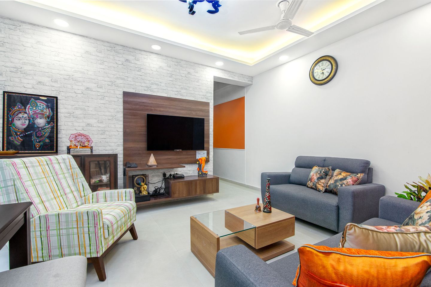 2-BHK Design In Noida With Yellow And Grey Living Room | Livspace