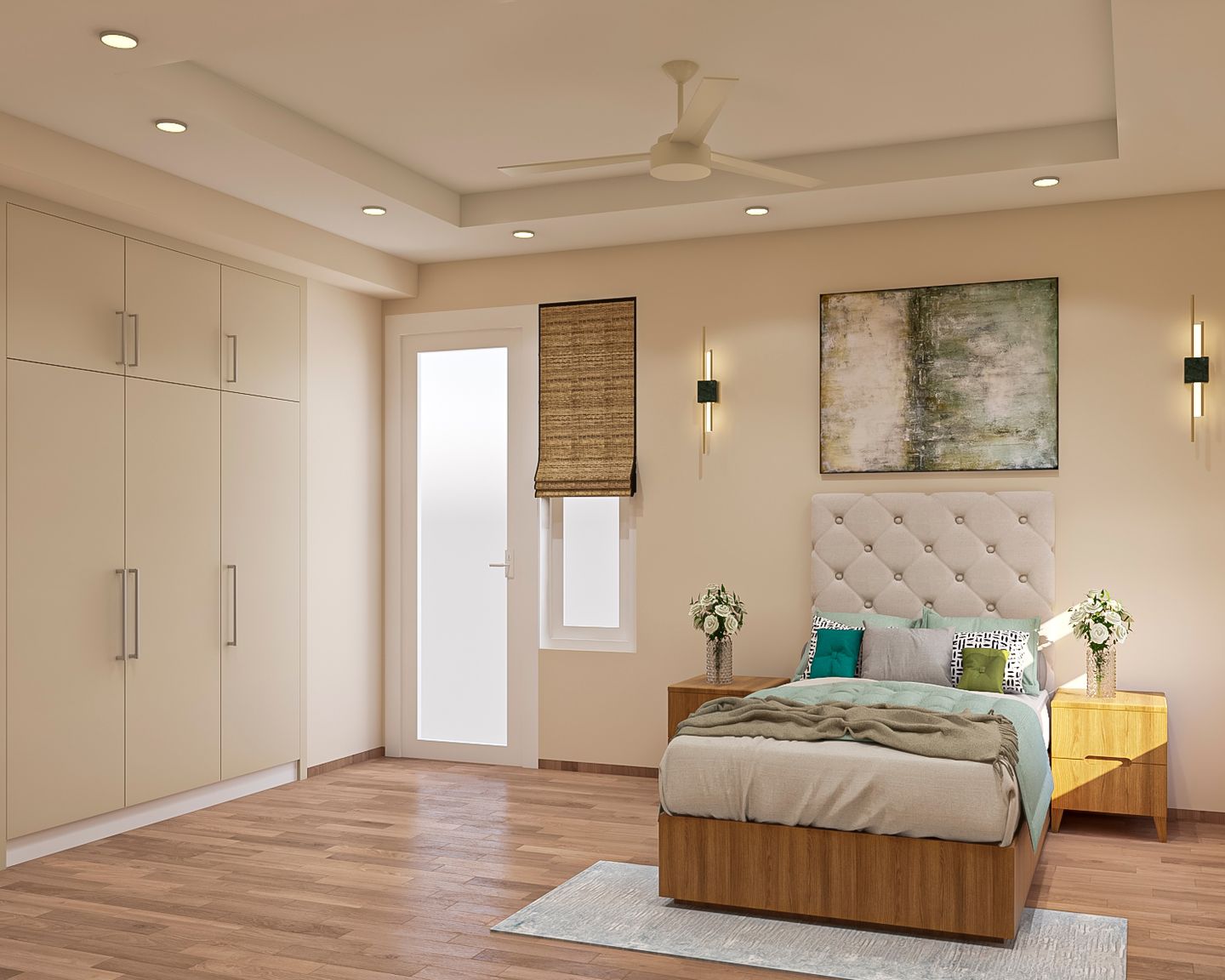 Beige Kids Room Design With 3Door OffWhite Wardrobe Livspace