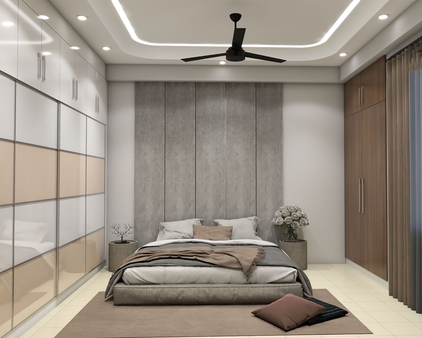Grey And Beige Kids Room Design With Glossy Sliding Wardrobe Livspace
