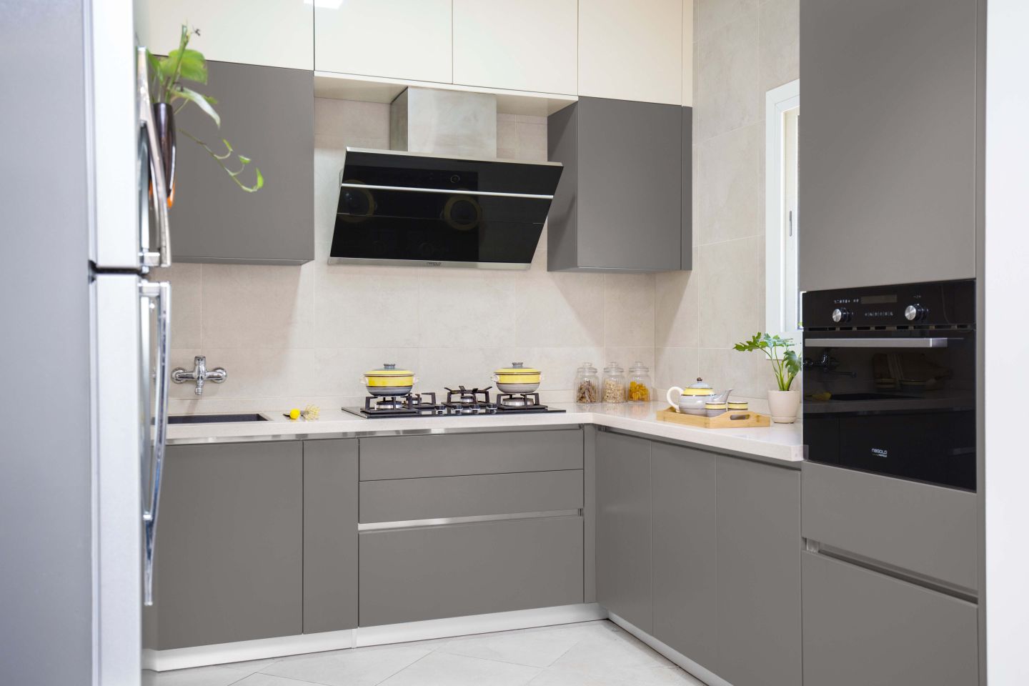 Grey And White L Shaped Modular Kitchen Design - Livspace