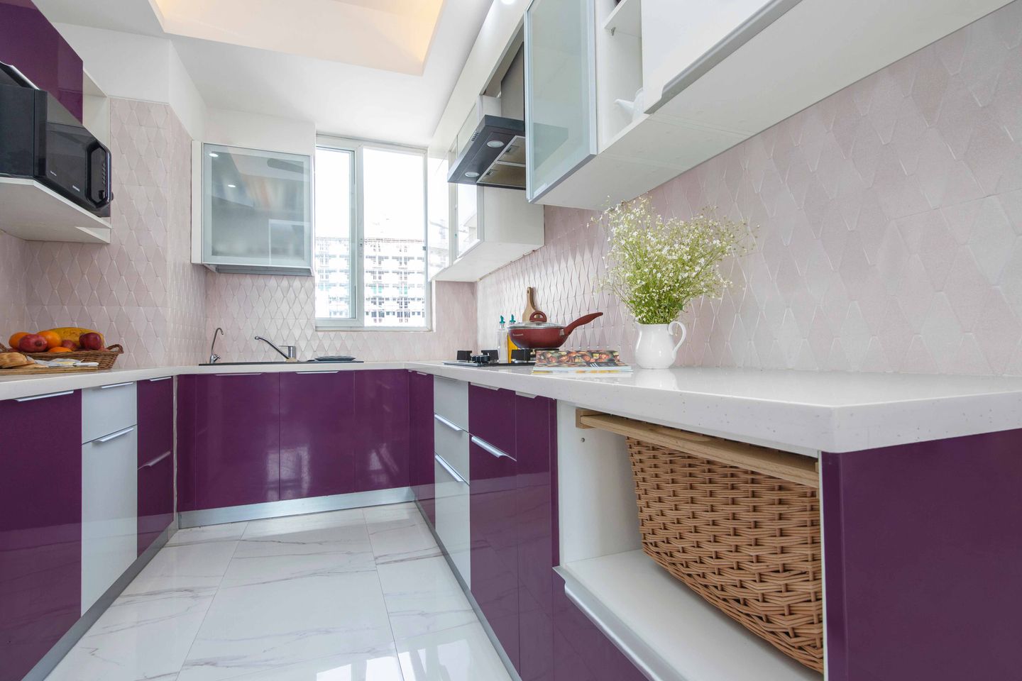 Modular U Shaped Violet And White Kitchen Design - Livspace