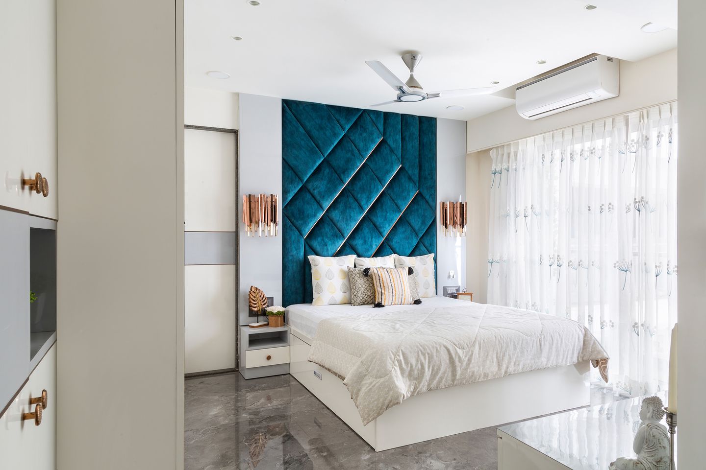 Bedroom Design With Teal Blue Headboard Livspace