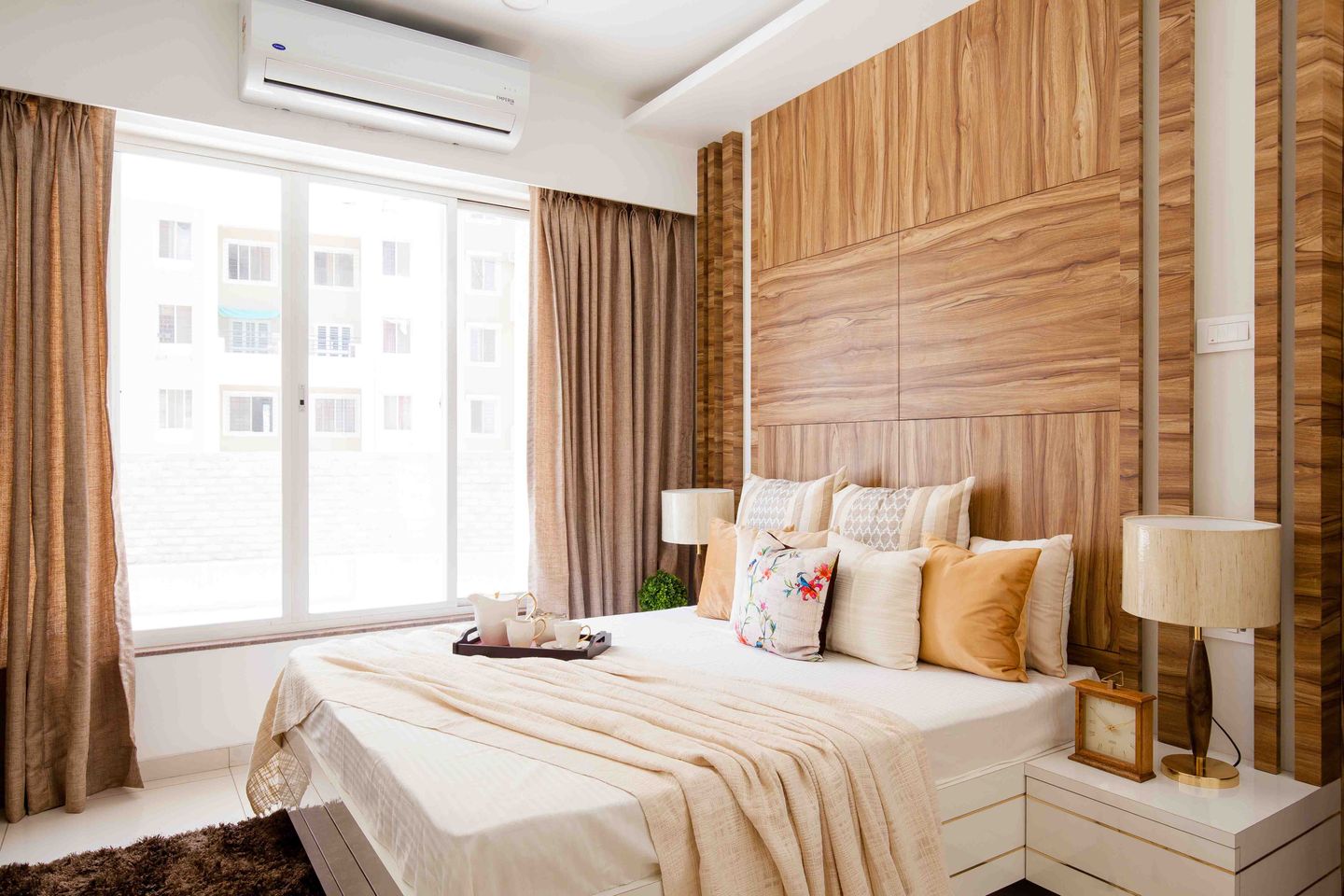 Master Bedroom Design With Wooden Headboard Wall - Livspace