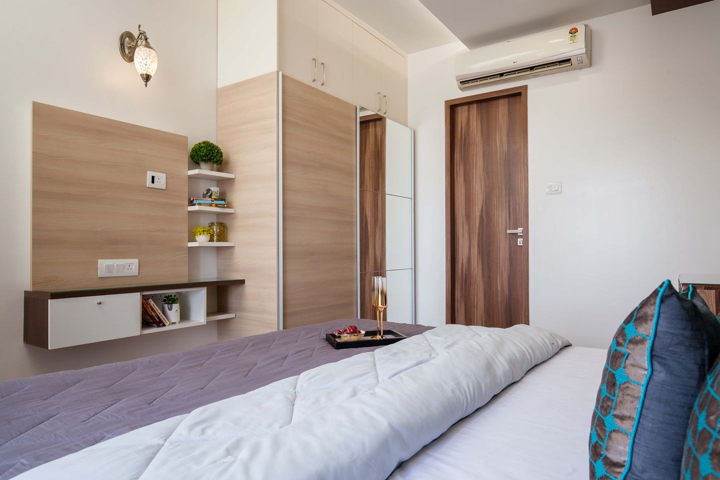 Master Bedroom Design With Beige Damask Wallpaper - Livspace
