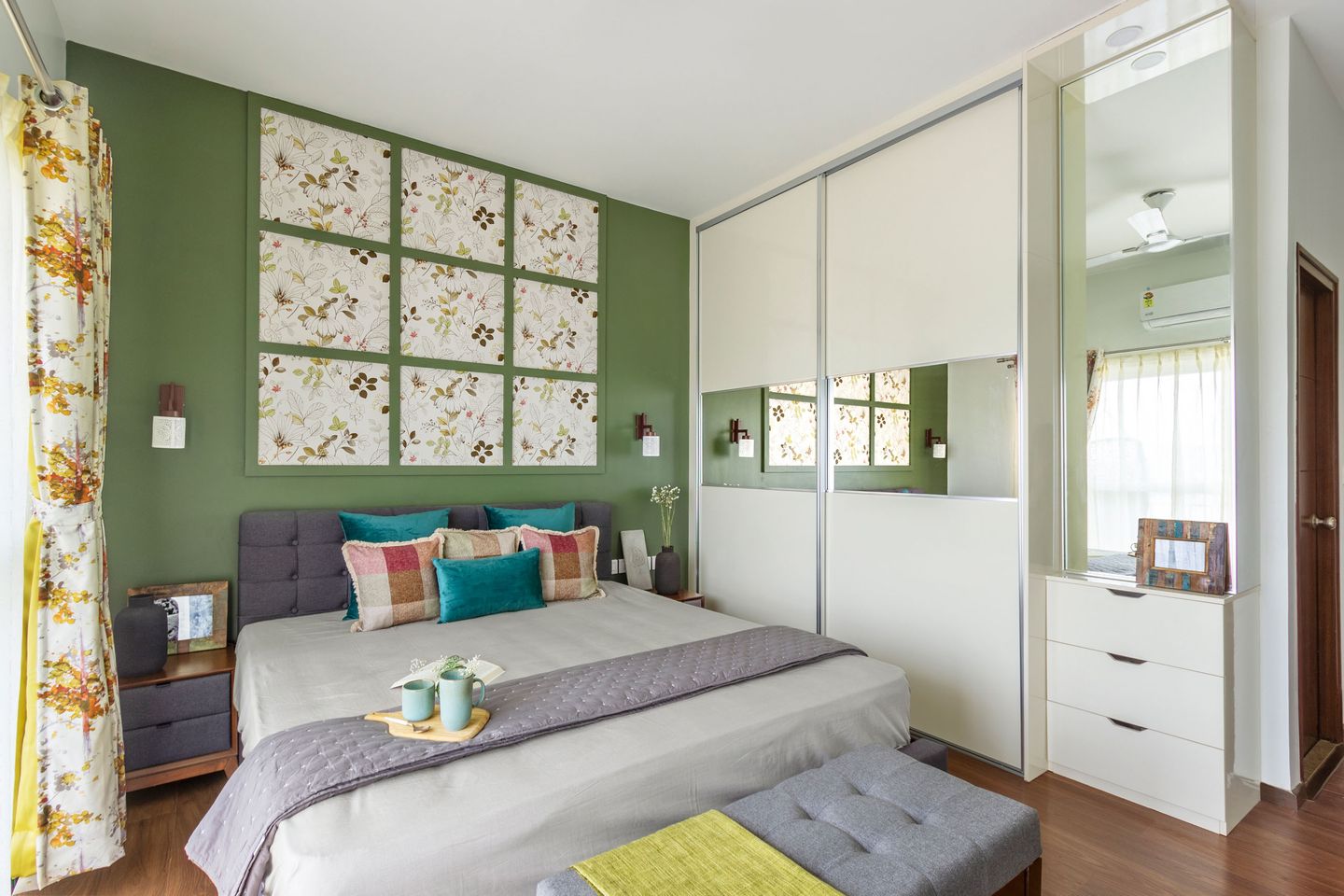 Bedroom Design With Bright Green Accent Wall And Floral Wallpaper - Livspace