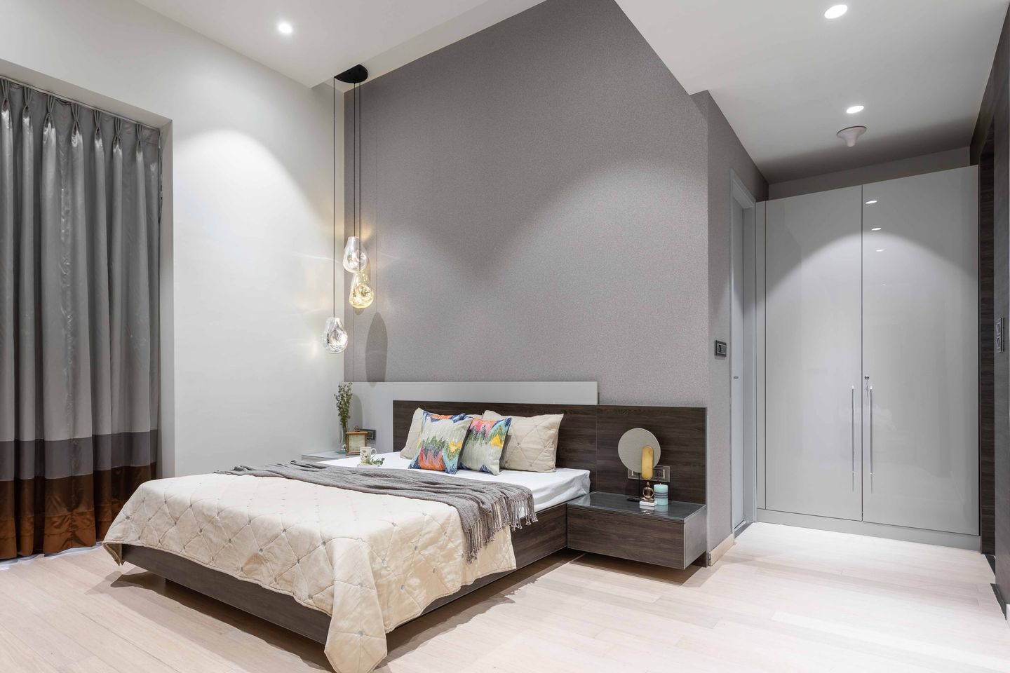Grey Master Bedroom Design With TV Unit - Livspace