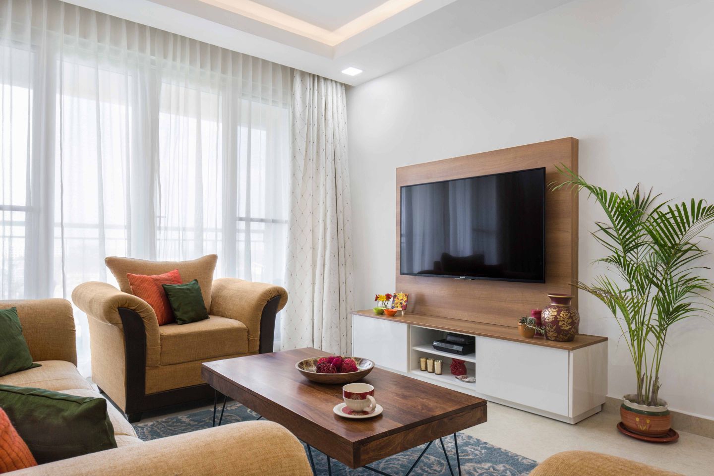 Frosty White And Walnut Bronze TV Unit Design WIth A Wooden Panel - Livspace