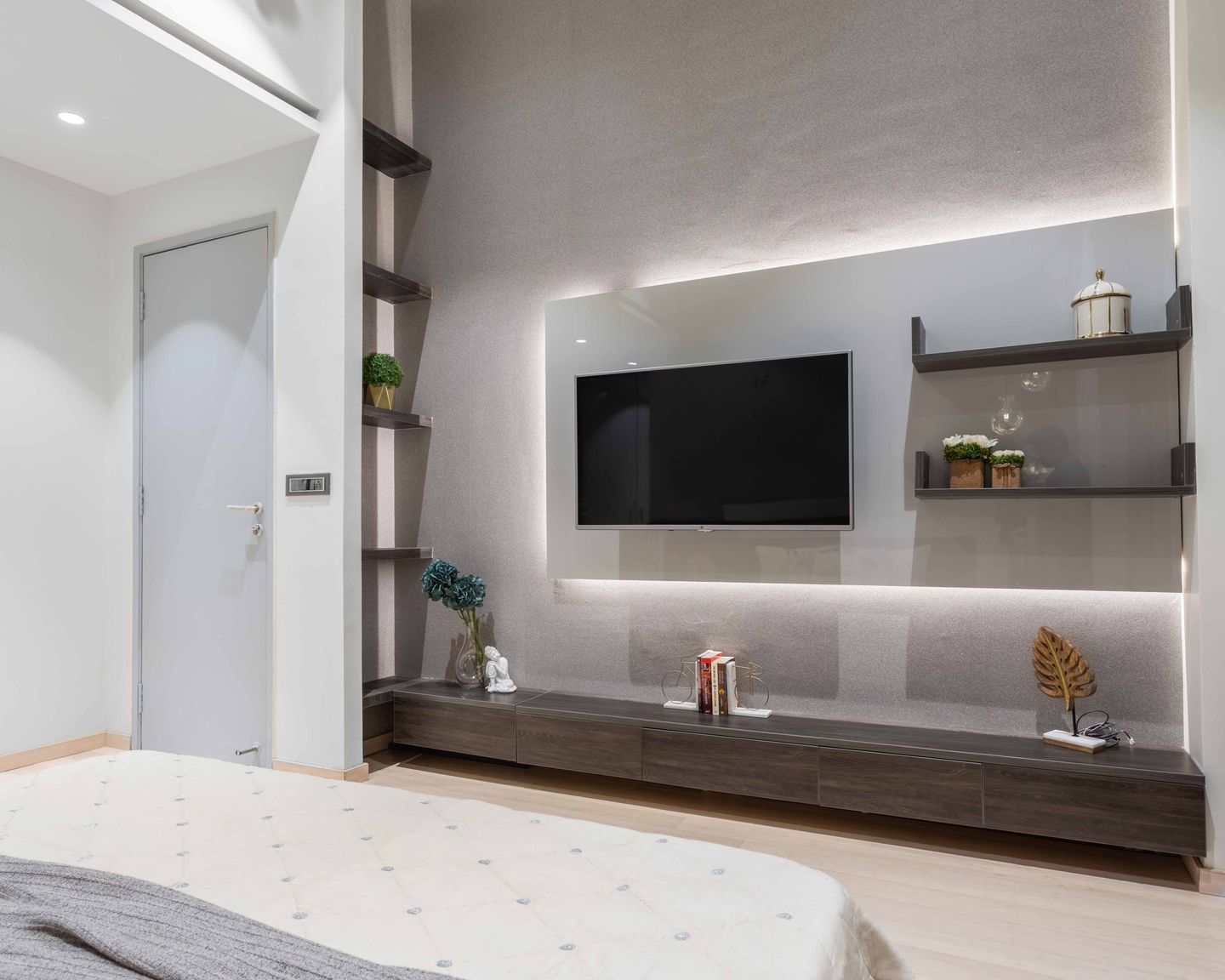 Grey And Dark Brown TV Unit With Backlit Panel Livspace