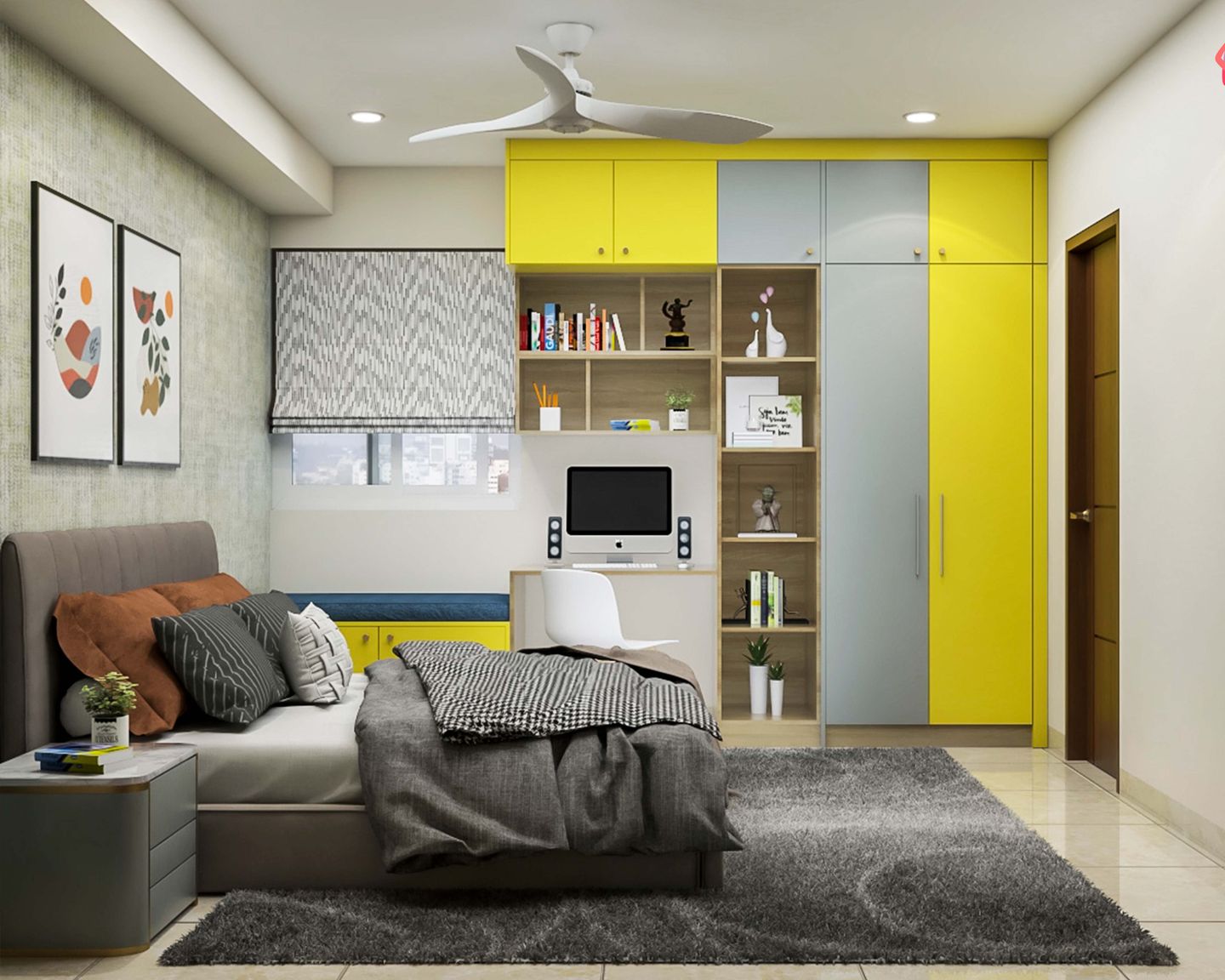 4 Door Smokey Grey And Marigold Yellow Swing Wardrobe Design - Livspace