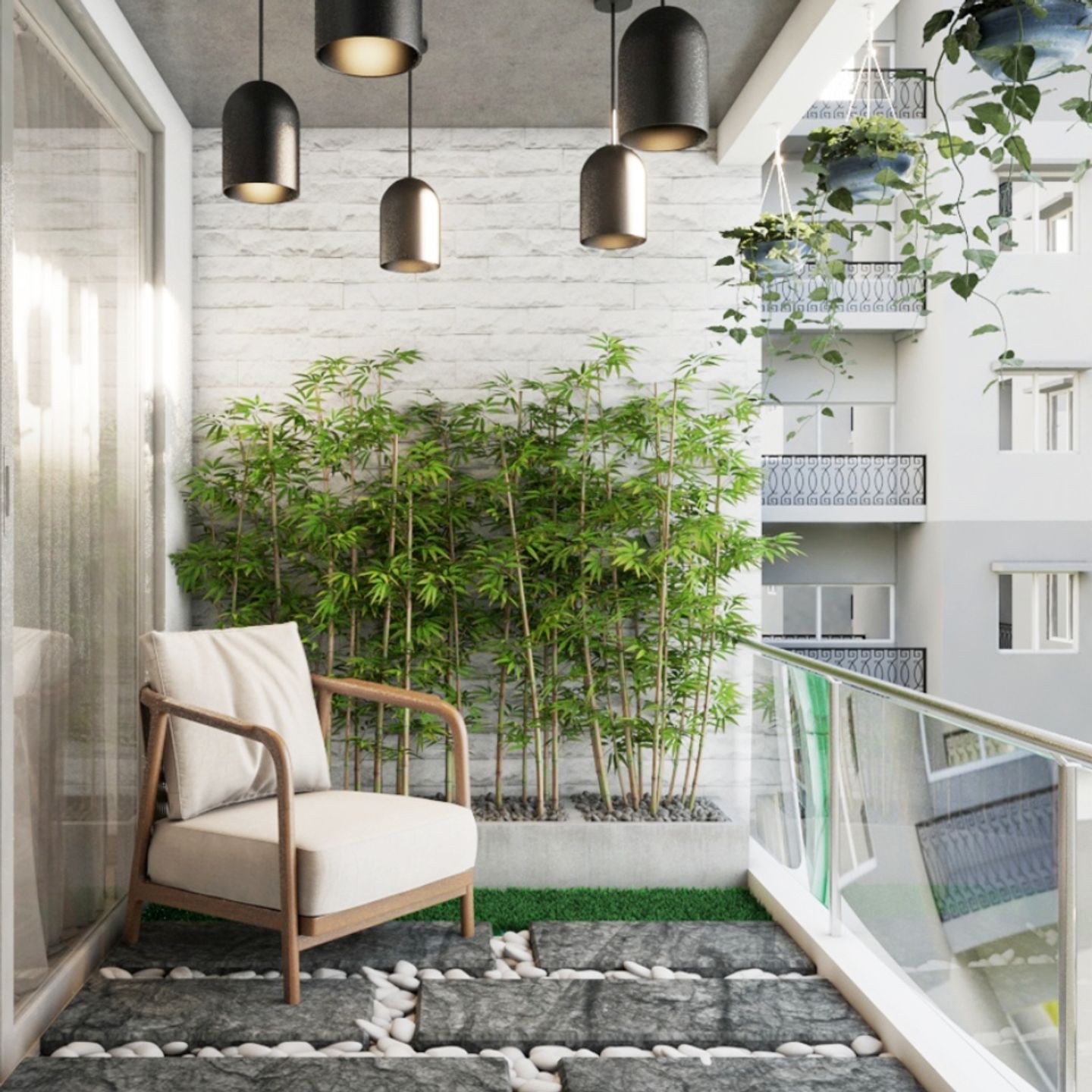Balcony Design With White Brick Accent Wall - Livspace