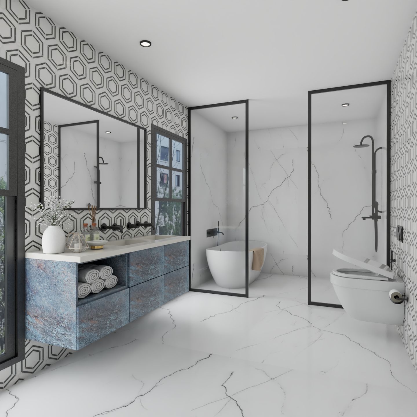 Black And White Bathroom Design With Blue Vanity Unit - Livspace