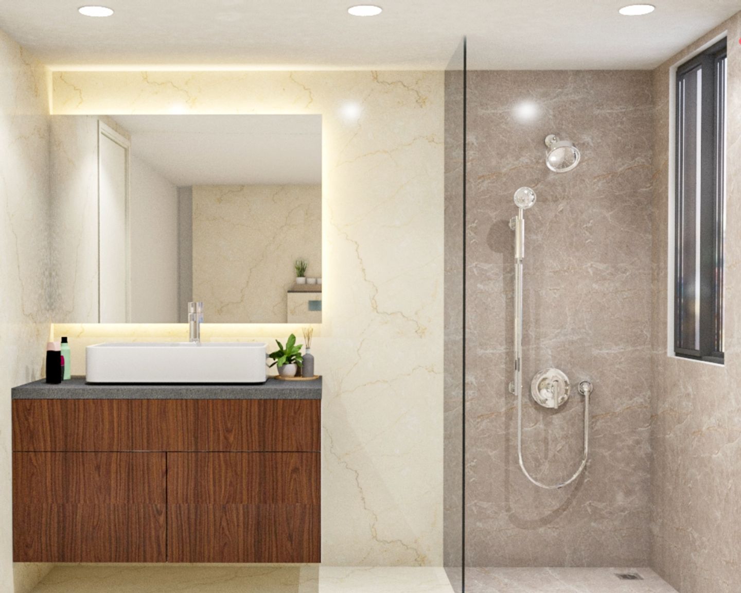 Bathroom Design With Cream And Grey Wall Tiles | Livspace