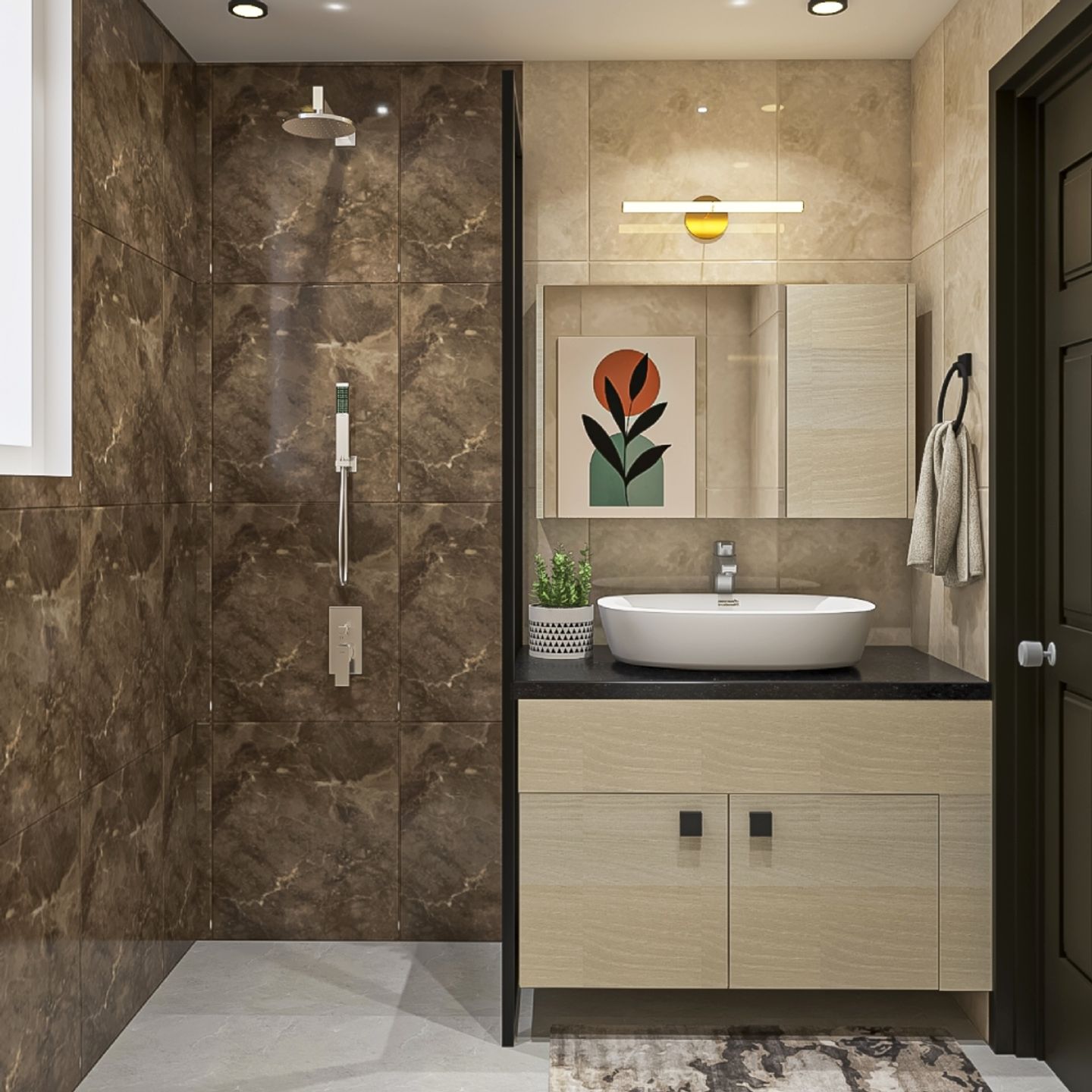 Bathroom Design With Cream And Brown Wall Tiles - Livspace