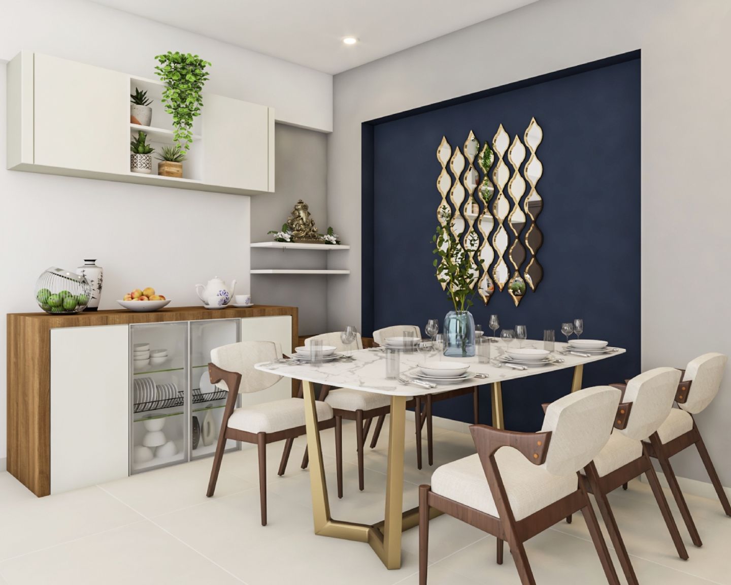 6-Seater White And Wood Dining Room Design With Dark Blue Accent Wall - Livspace