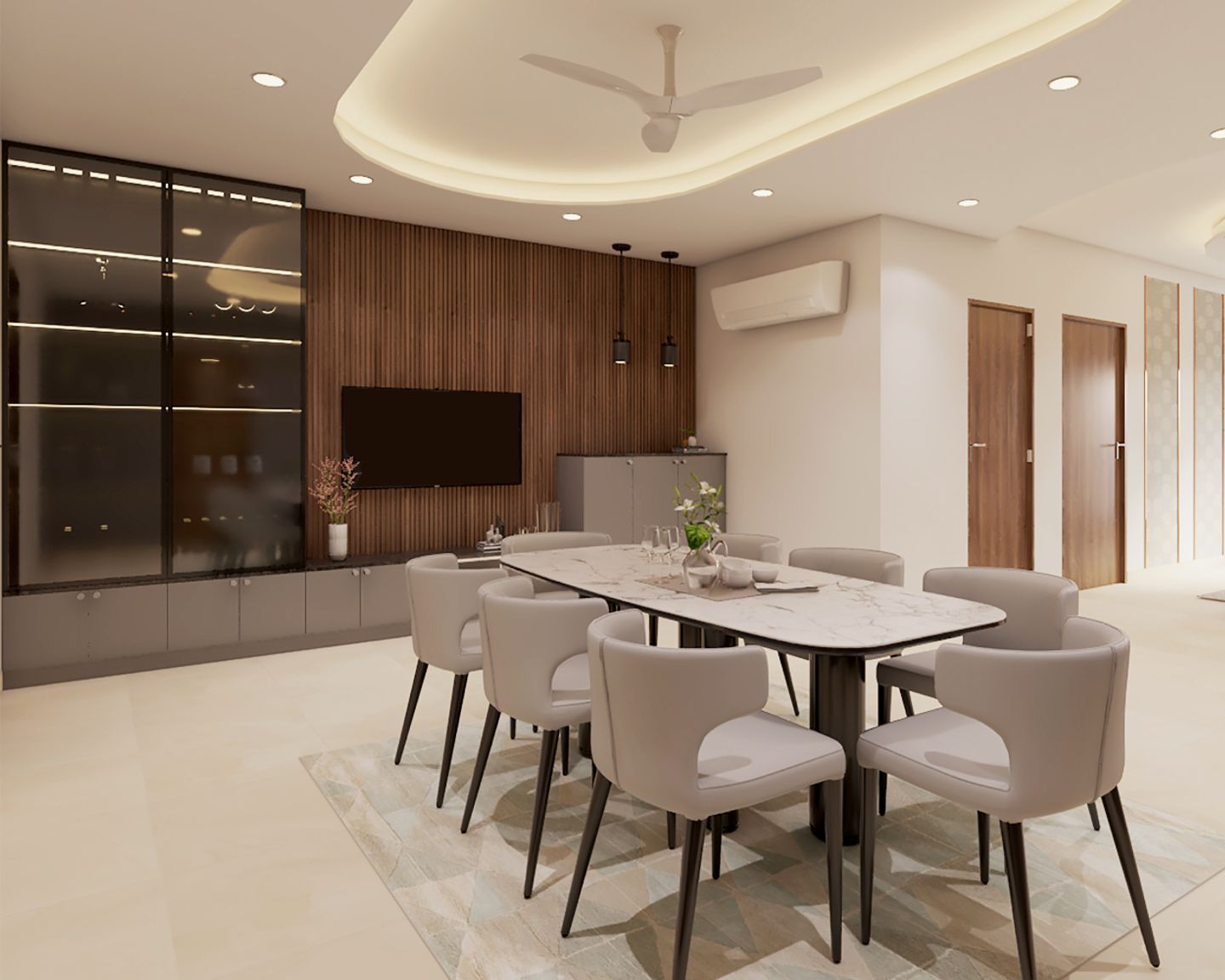 8-Seater Marble And Light Grey Dining Room Design With TV Unit | Livspace