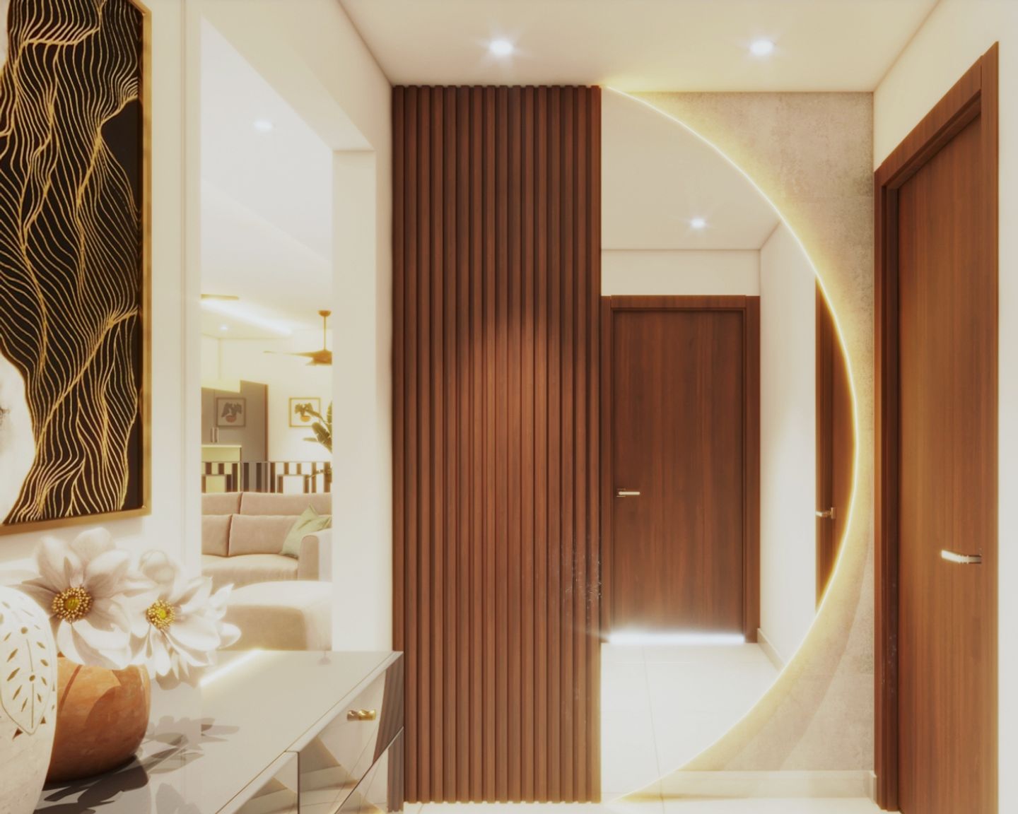 Dove Grey Foyer Design With Vertical Wooden Panels - Livspace