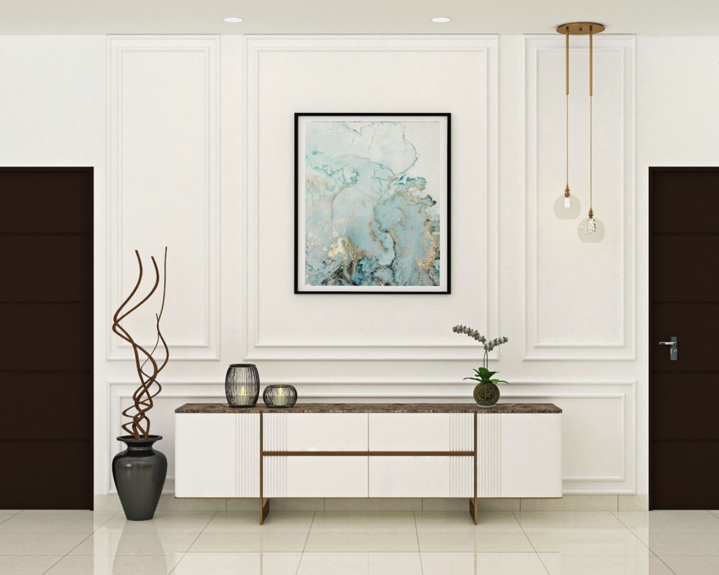 Frosty White And Brown Foyer Design With Abstract Wall Painting - Livspace