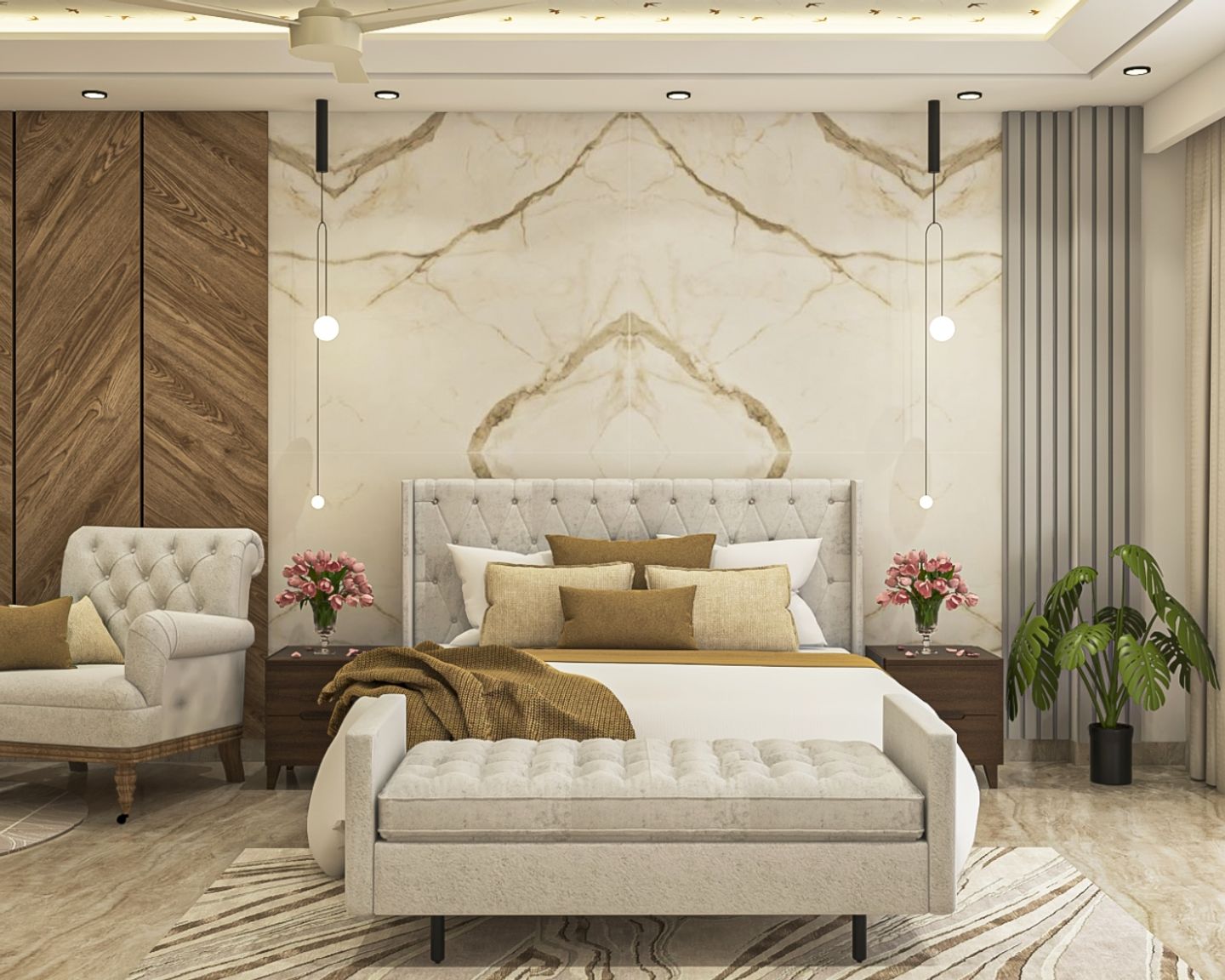 Guest Bedroom Design With Wooden Wall Panel And Symmetrical Marble Wall ...