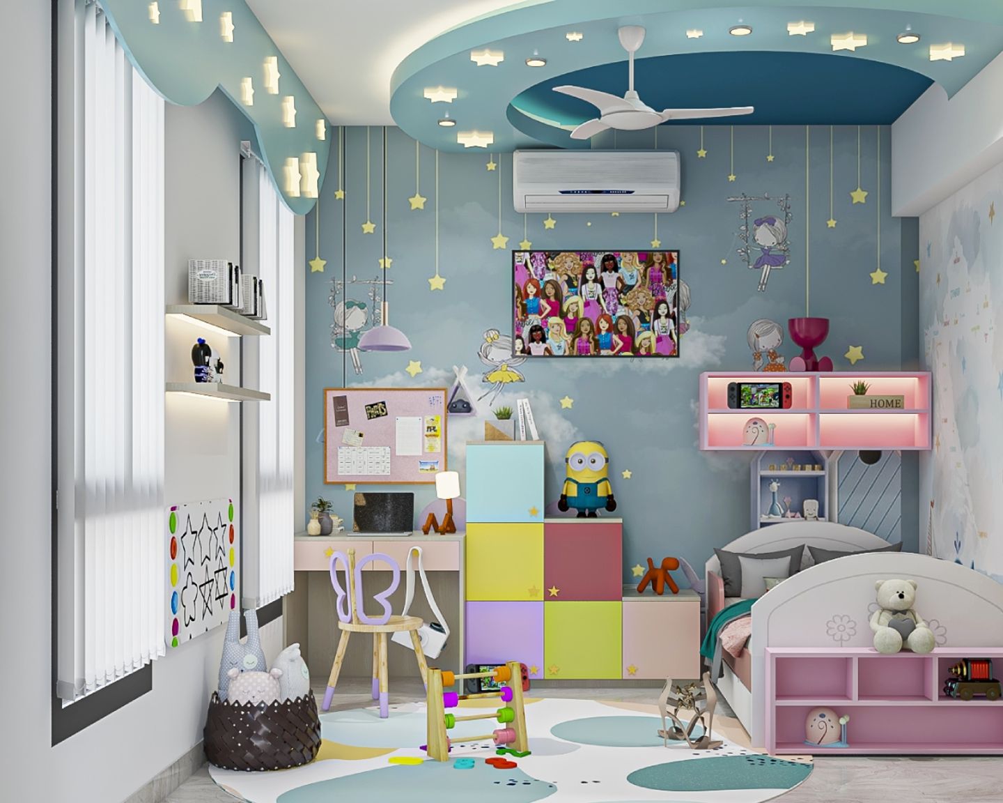 Kids Bedroom Design With Slide And Toy Basket - Livspace  Kids Bedroom Design With Grey Wardrobe And Loft - Livspace  Kids Bedroom Design With Sky Themed Wallpaper - Livspace