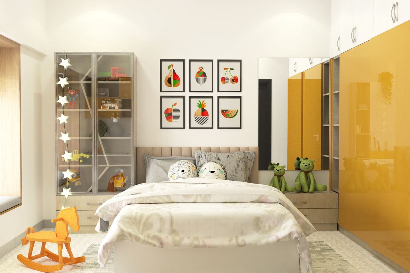 Kids Bedroom Design With Decorated Picture Frame Wall And Glossy Wardrobe - Livspace