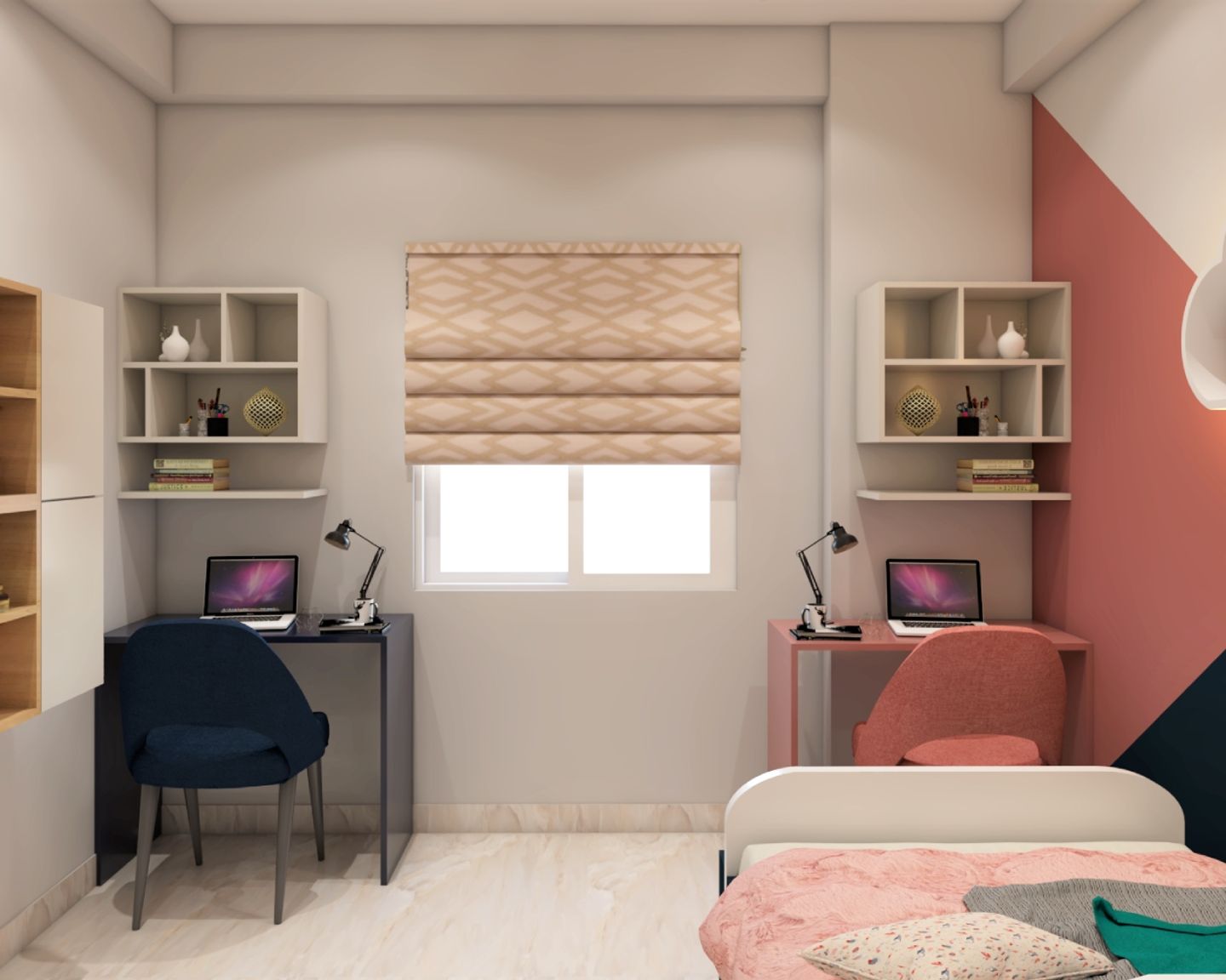 Modern Kids Room Design With Dual Study Tables And Tri-Toned Wall