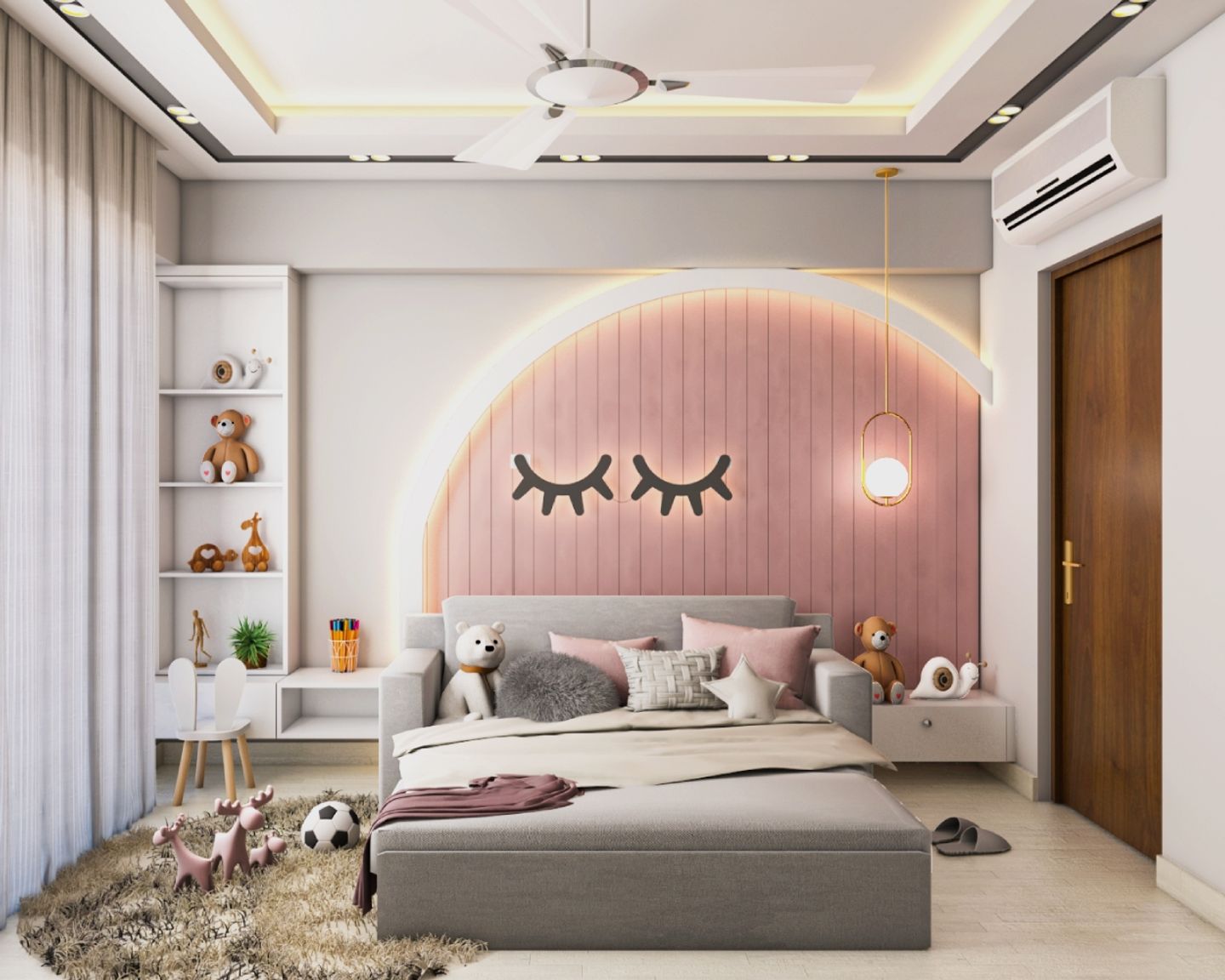 Kids Bedroom Design With Arc Pink Panels And White Frame - Livspace