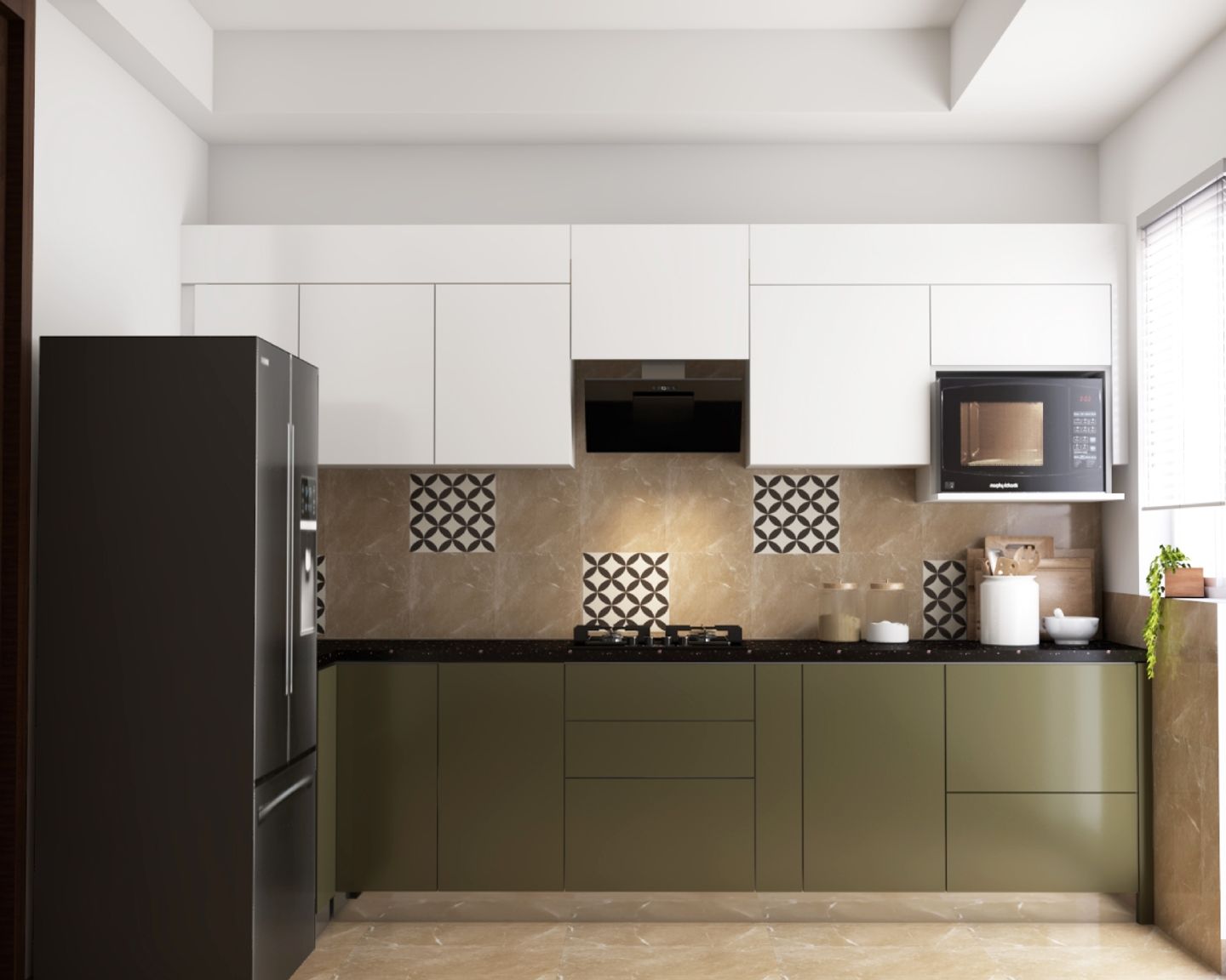 Modular Parallel Kitchen Design With Green And Frosty White Cabinets - Livspace