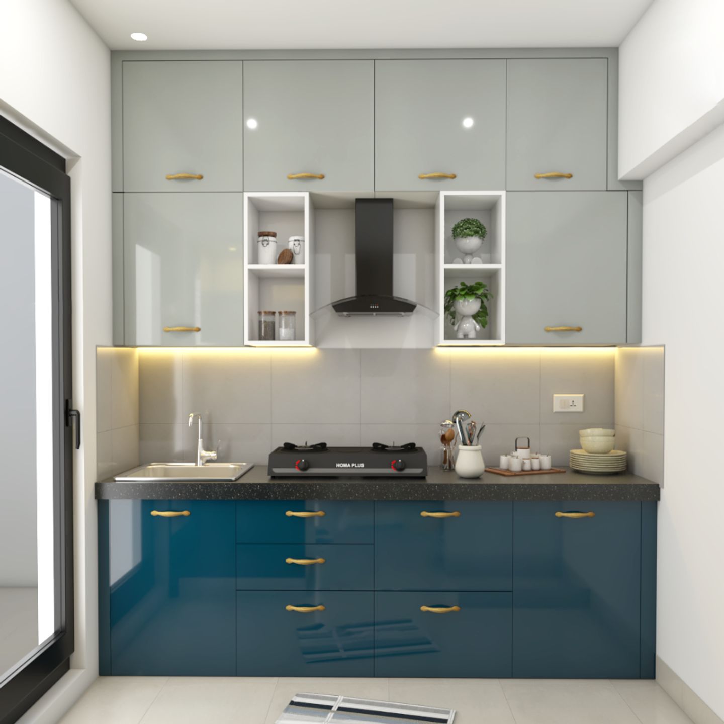 Modular Shore Blue And Grey Straight Kitchen Design - Livspace