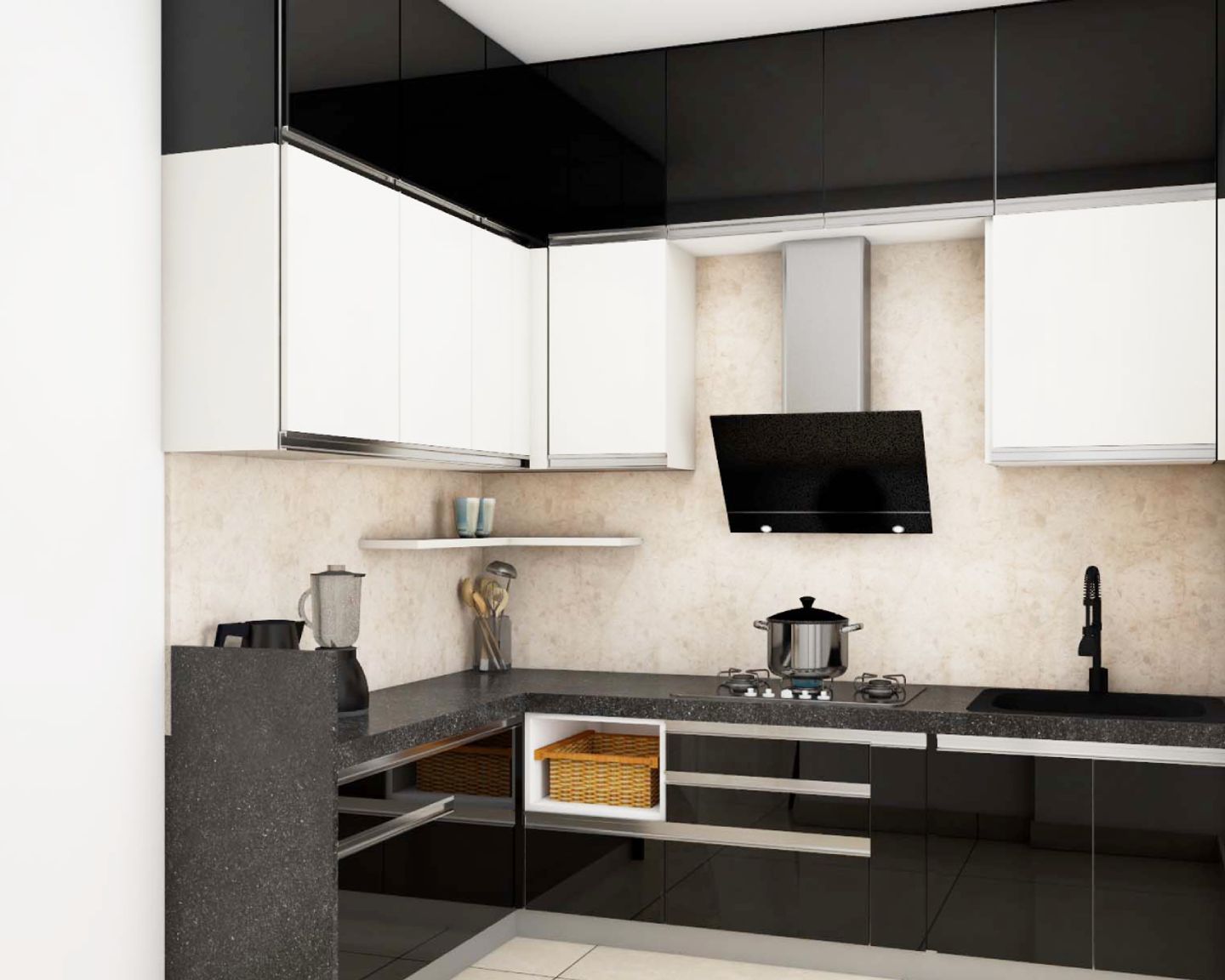 Black And White L Shaped Kitchen Design With Granite Countertop - Livspace