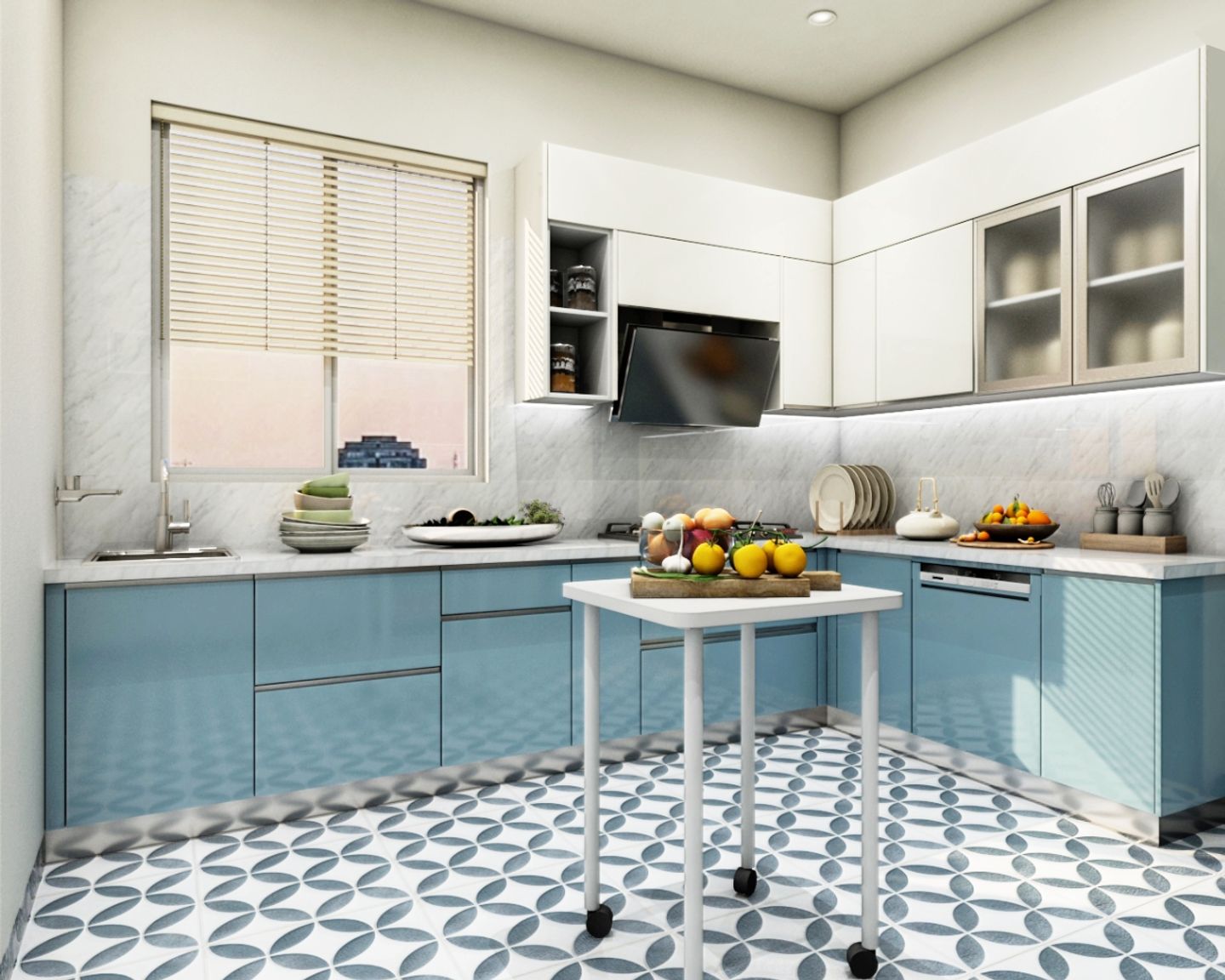 Denim Suedette And White Modular L Shape Kitchen Design With Marble Countertop   - Livspace
