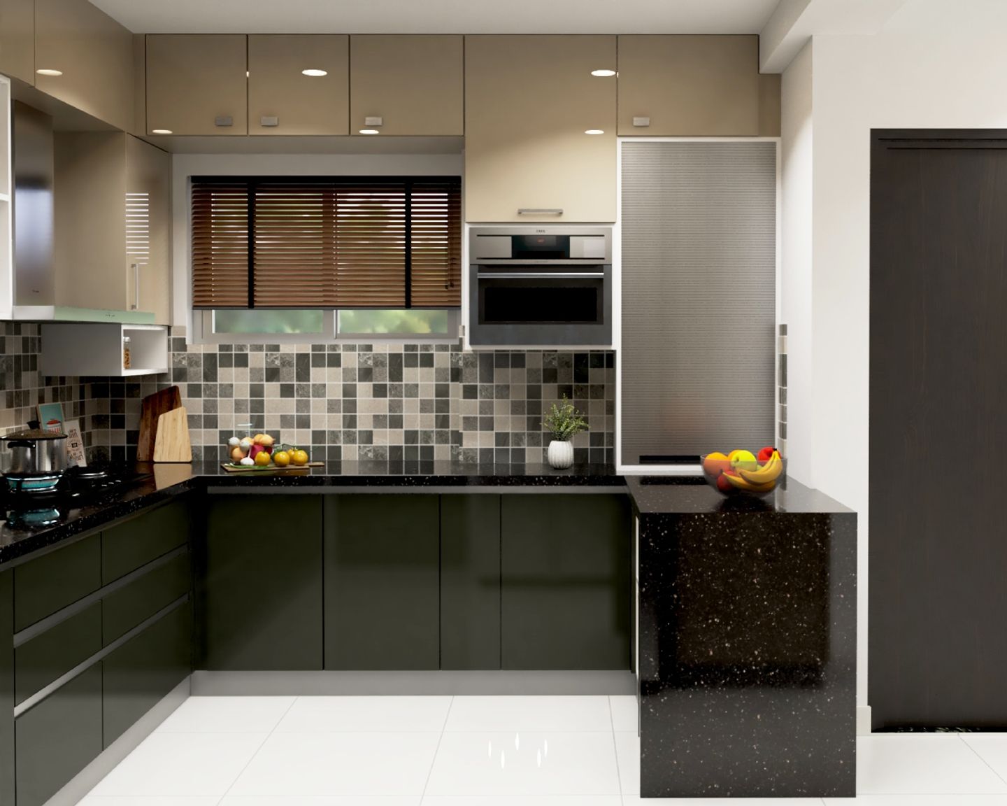 Modern Modular L Shaped Kitchen Design With Multicoloured Mosaic Dado Tiles