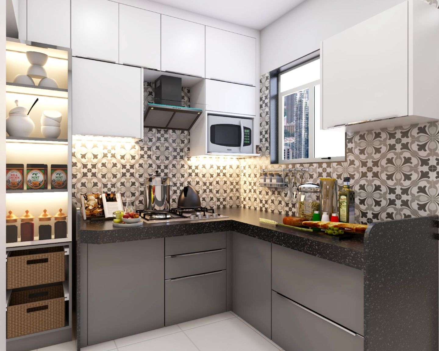 Modular Dove Grey And White L Shape Kitchen Design - Livspace