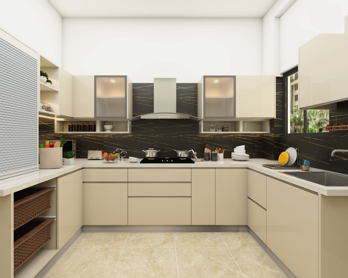 U Shaped Modular Kitchen Design With Pearl White Cabinets | Livspace