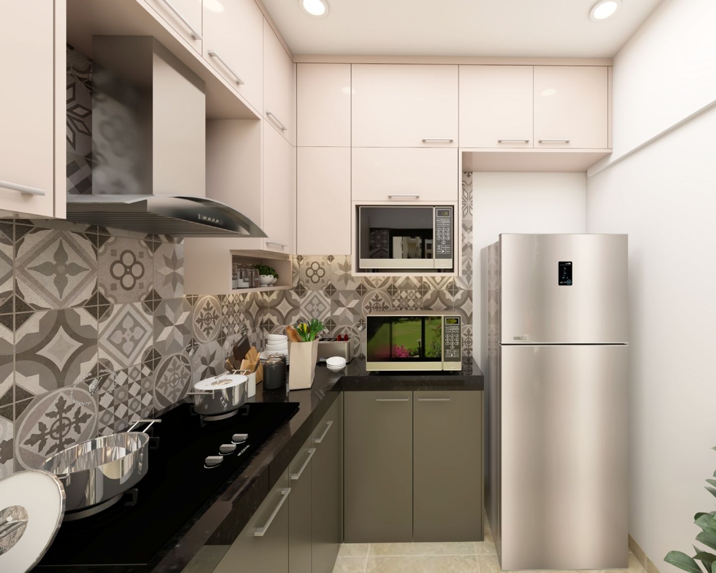 Modern Modular L Shape Kitchen Design With Grey And Black Patterned Dado Tiles