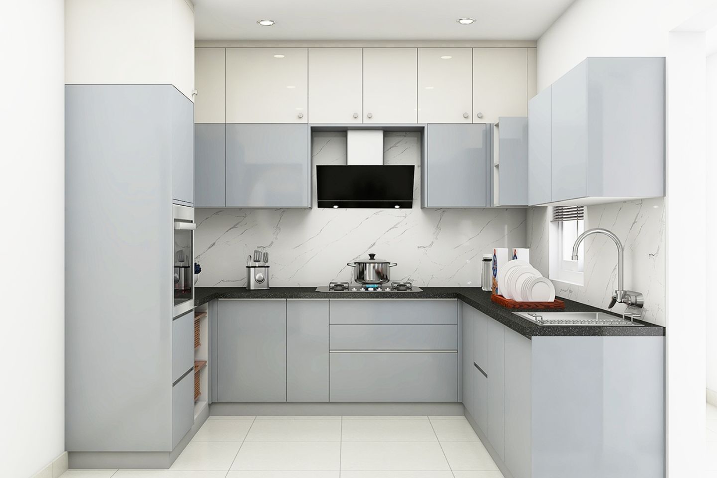 Grey And White Modular U Shaped Kitchen Design With Granite Countertop - Livspace