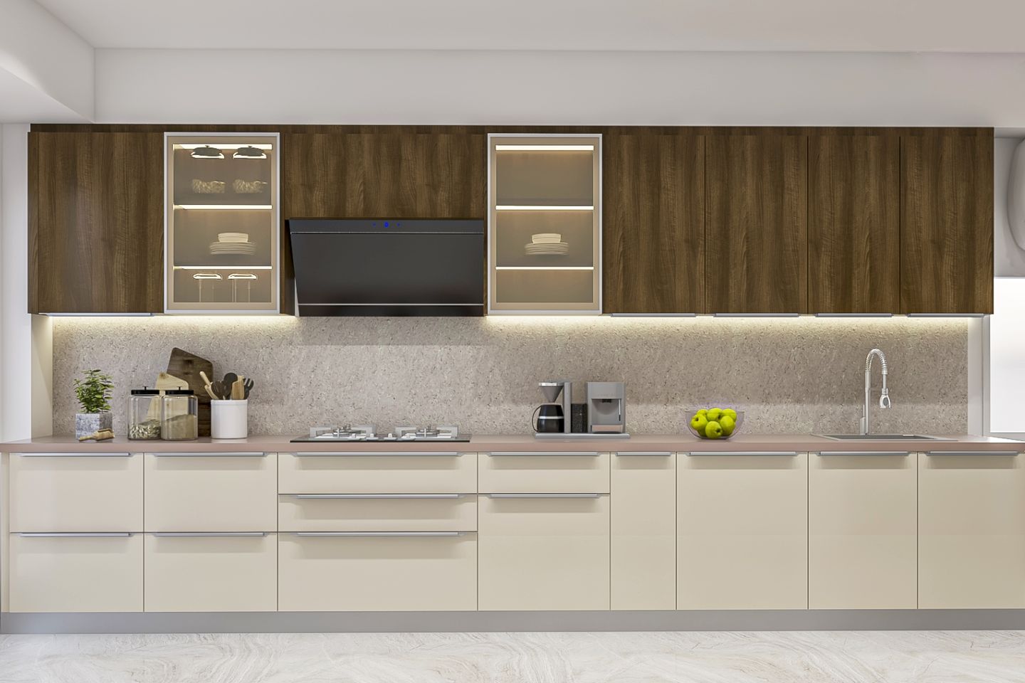 Modular Straight Kitchen Cabinet Design With With Champagne And Wood Cabinets - Livspace
