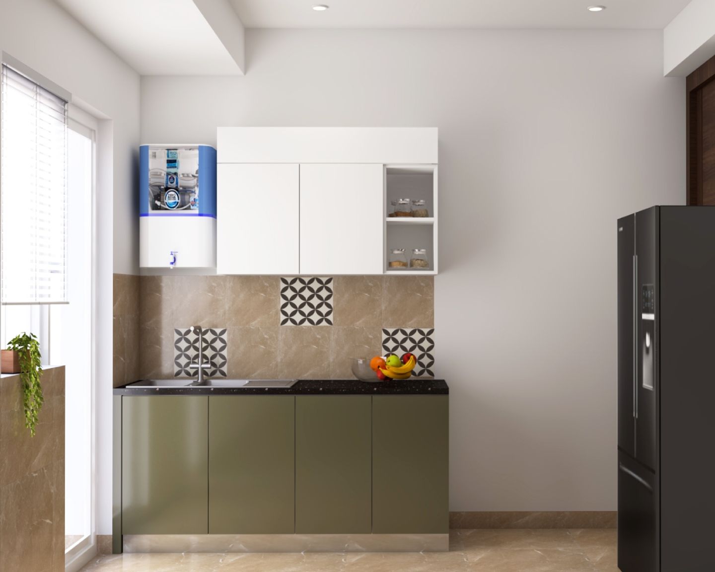 Modern Modular Parallel Kitchen Design With Green And Frosty White Cabinets