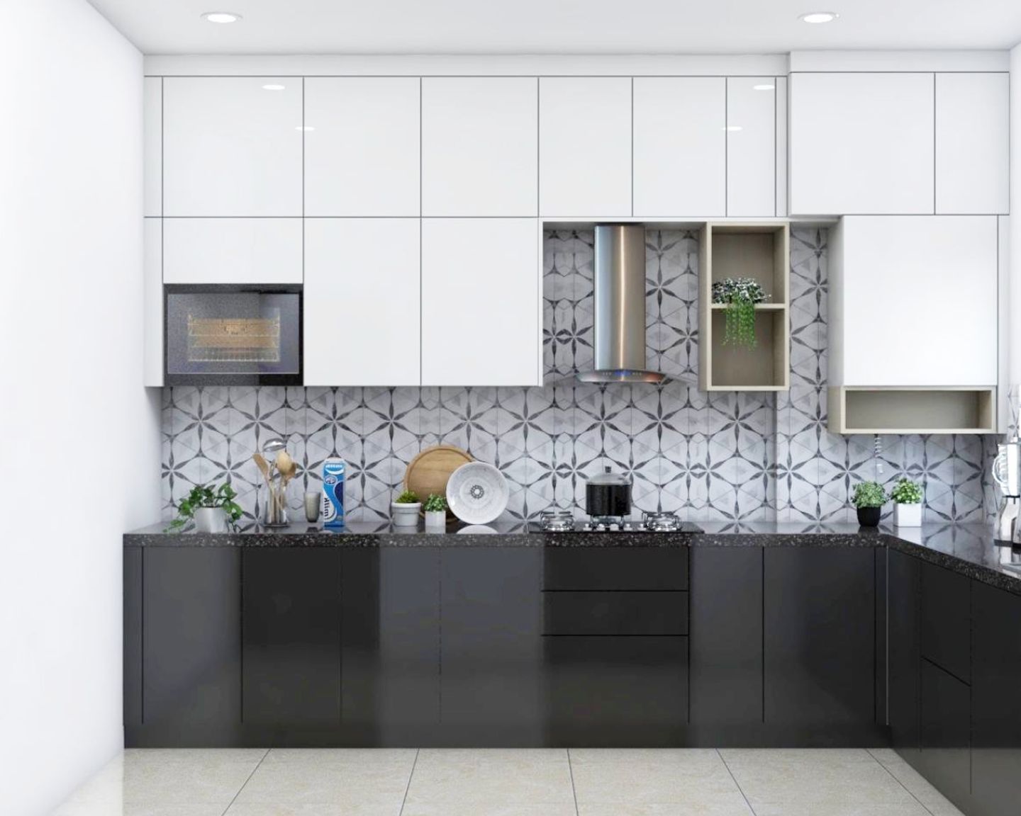 Black And White L Shaped Modular Kitchen Design With Dado Tiles | Livspace