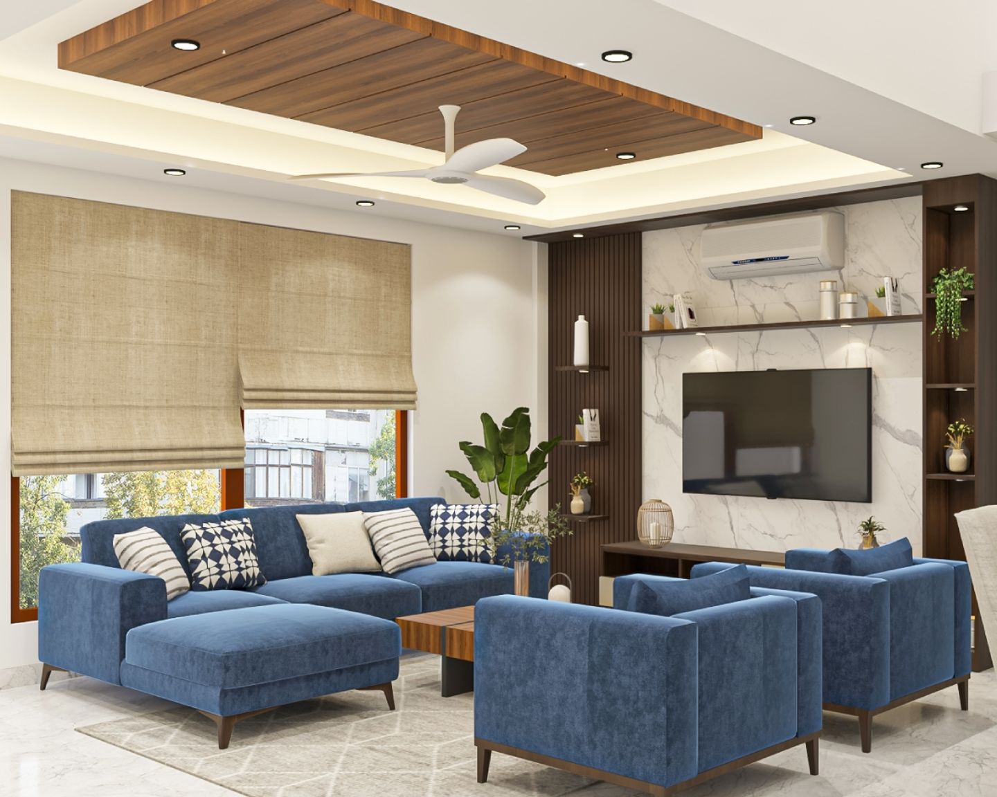 Dark Blue Living Room Design With Wooden TV Unit - Livspace