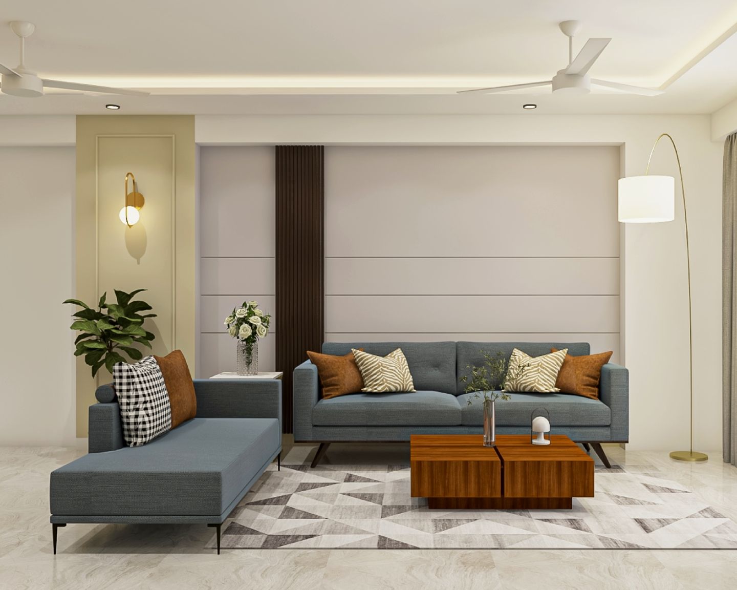 Living Room Design With Dark Grey L Shaped Sofa And Wooden Coffee Table