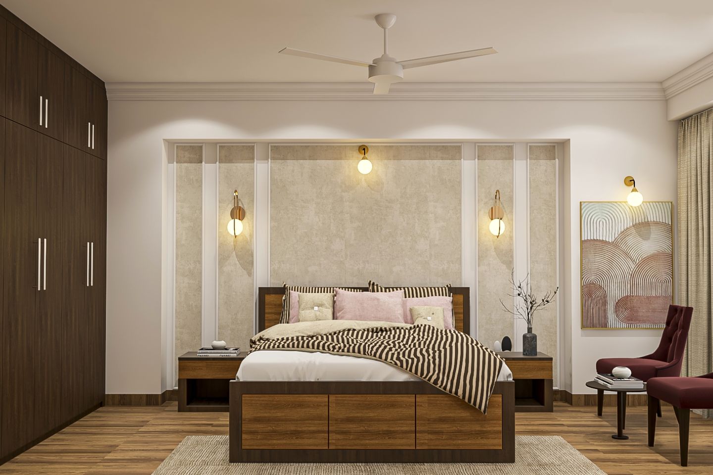 Master Bedroom Design With Dark Wood Swing Wardrobe - Livspace