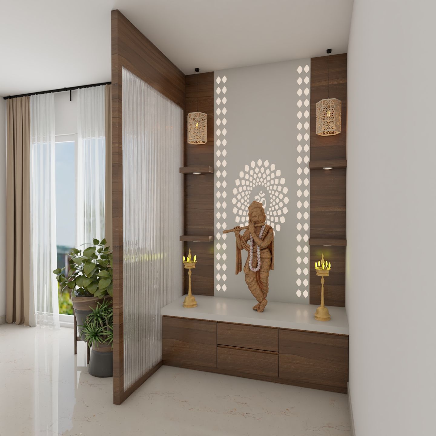 Pooja Room Design With Om Mandala And Crescent Acacia Storage Unit - Livspace